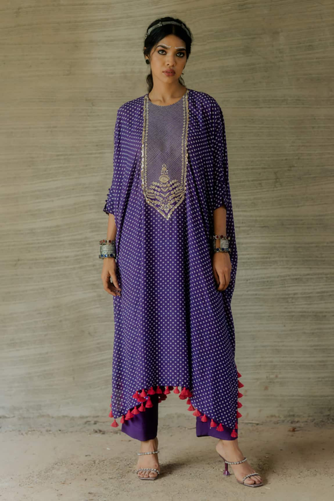 Tussah by Siddhi Shah Bandhej Patterned Flared Kaftan With Pant