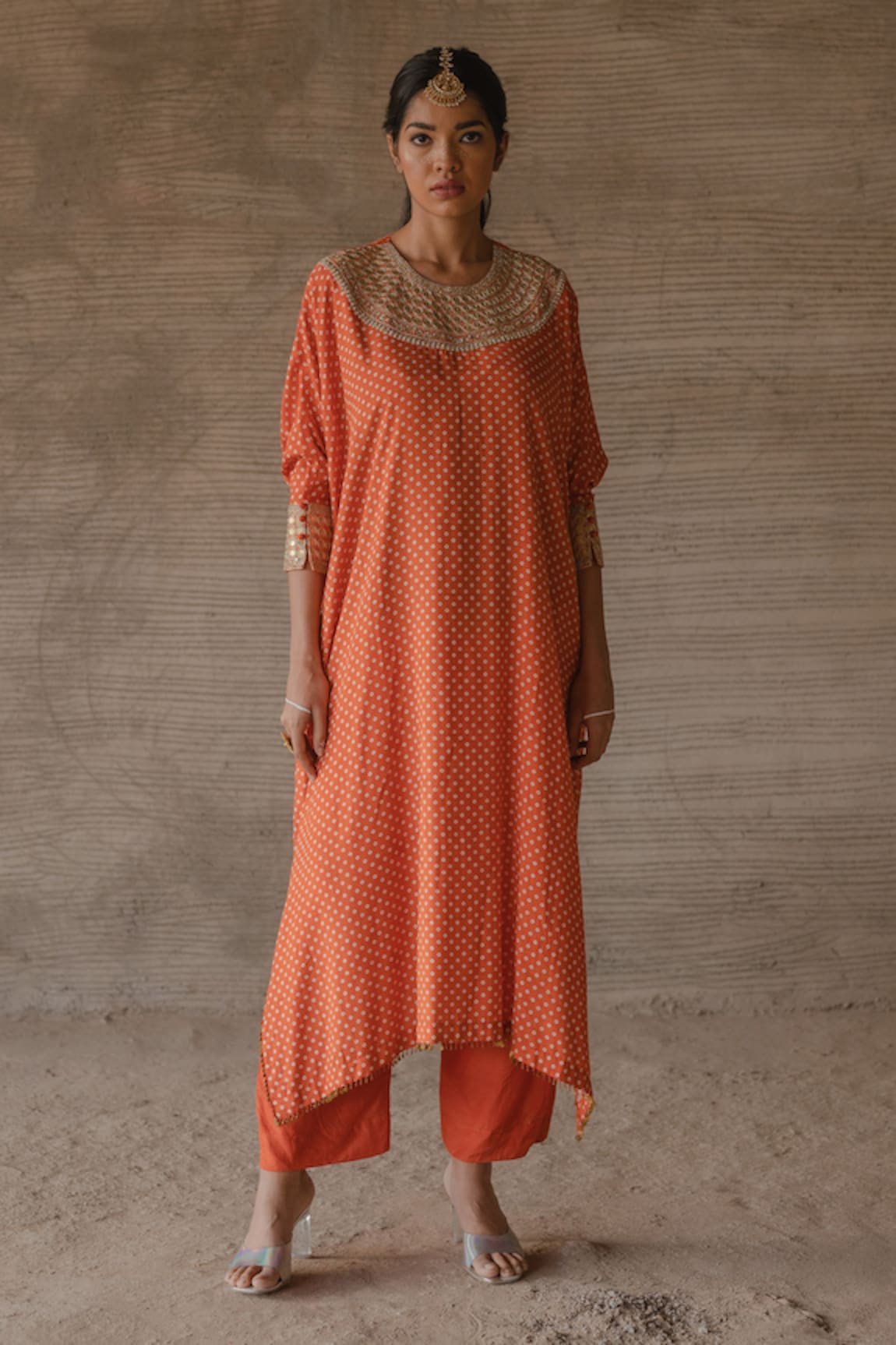 Tussah by Siddhi Shah Bandhej Pattern Flared Kaftan With Pant