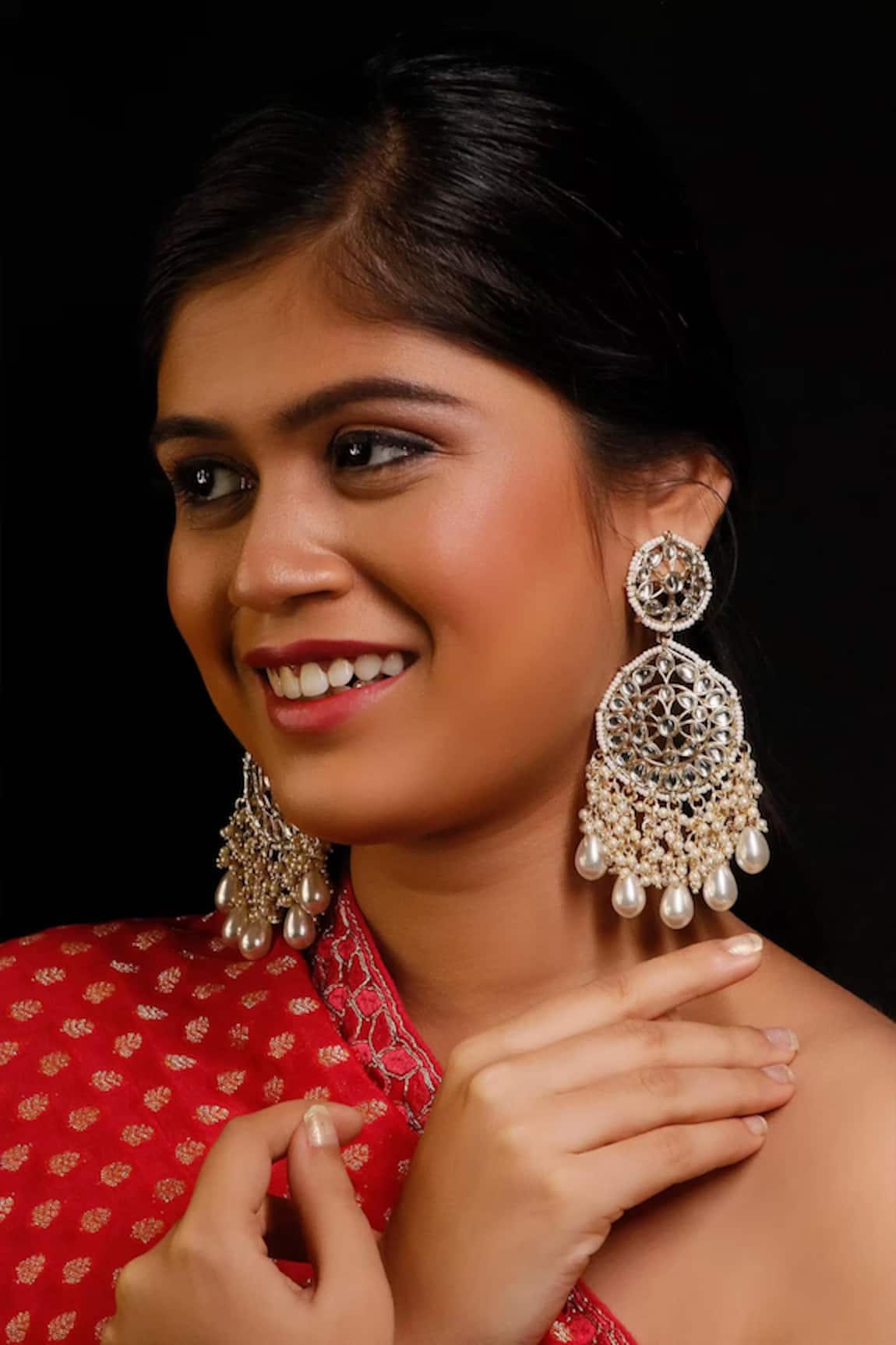 Ishhaara Floral Kundan & Pearl Drop Chandbali Earrings