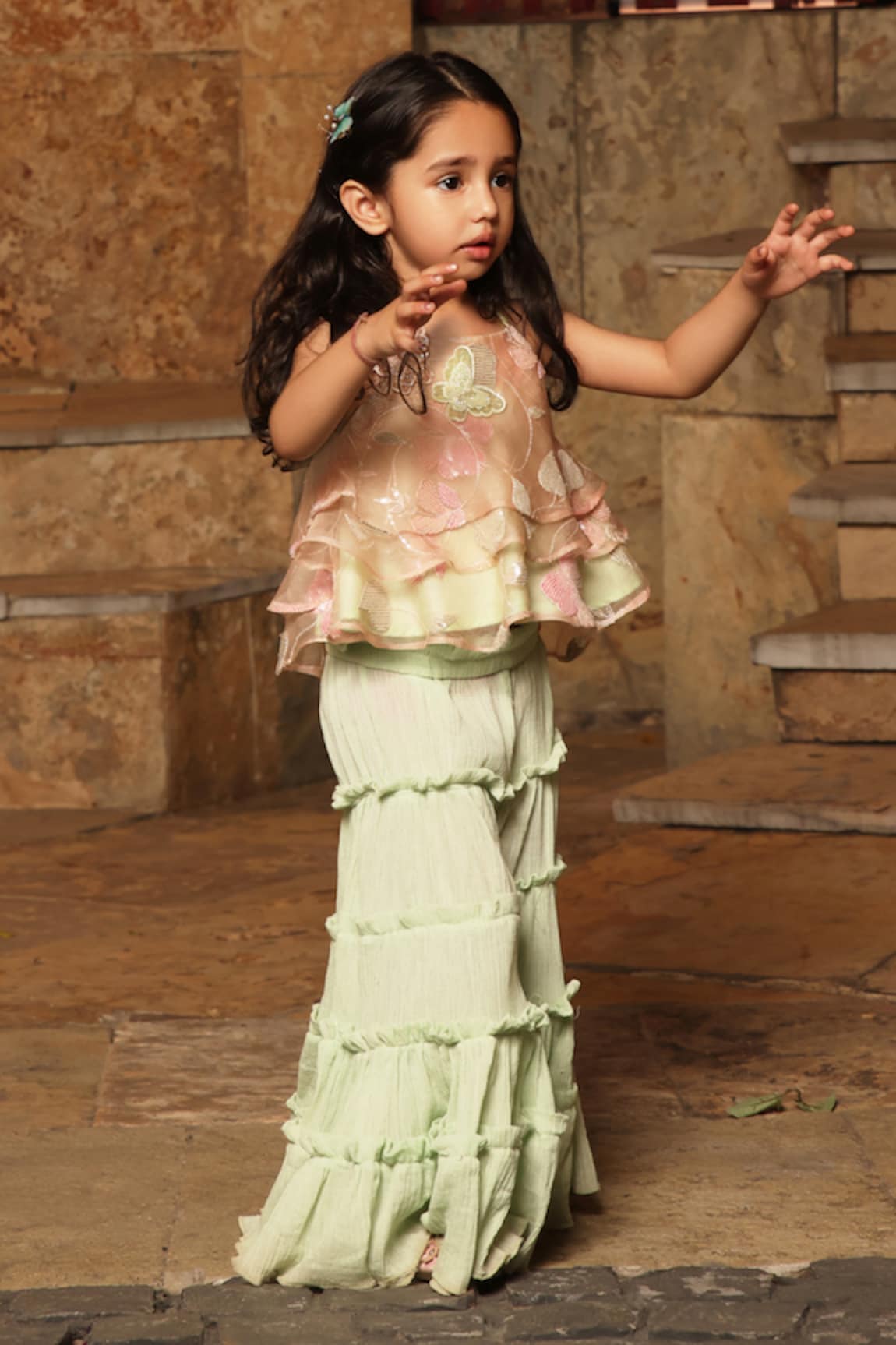 FAYON KIDS Butterfly Embroidered Top & Sharara Set