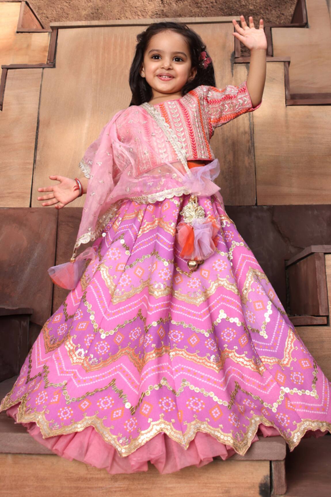 Fayon Kids Chevron Bandhej Print Lehenga Set
