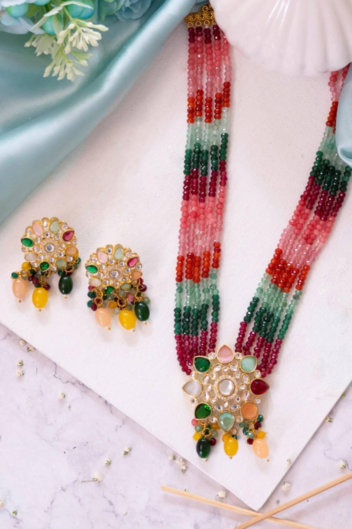 Two step navaratna stone neckwear with earrings-Swarna- latest pocket –  Zivara Fashion