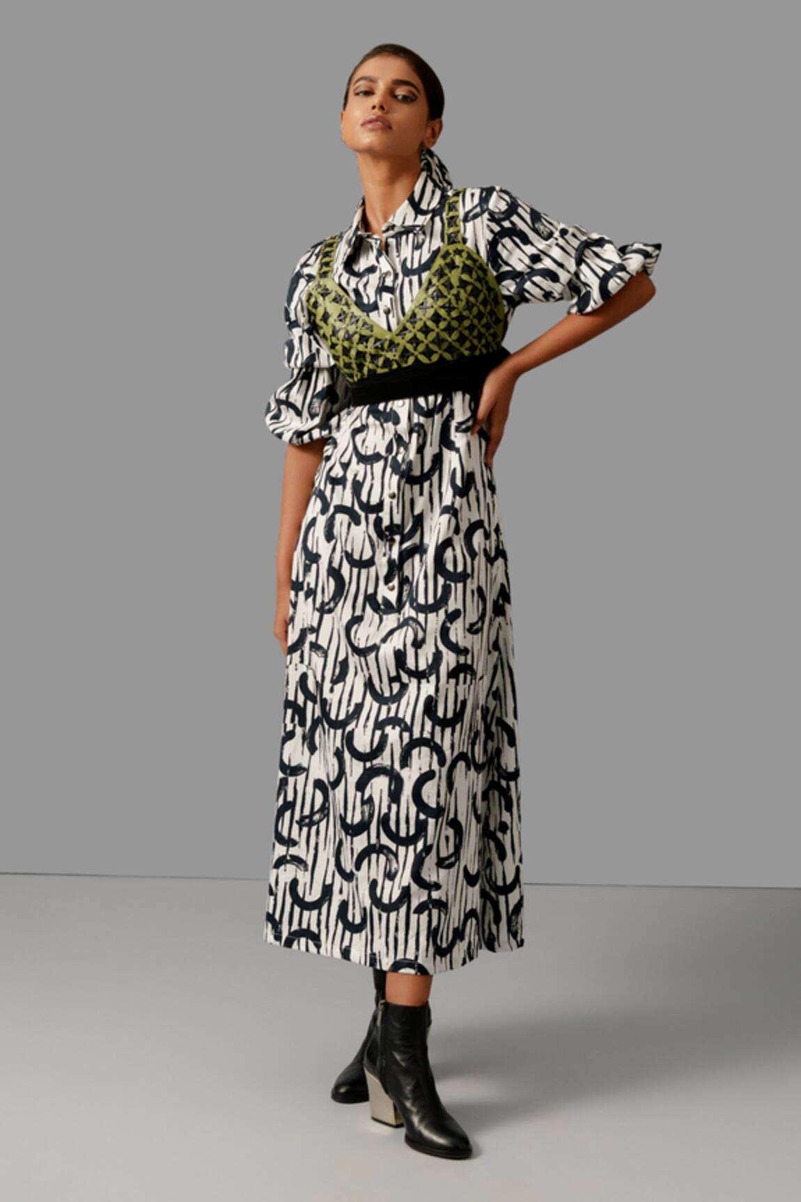 Devina Juneja Printed Shirt Dress & Bralette Set