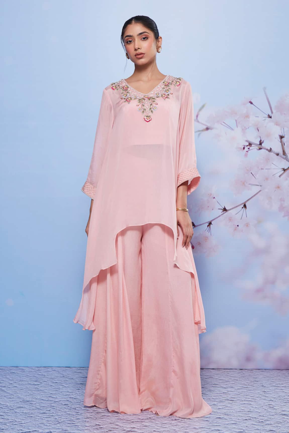 Ajiesh Oberoi Asymmetric Floral Embroidered Kurta Set 