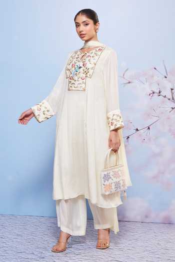Ajiesh Oberoi Floral Embroidered Ivory Kurta Palazzo Set 