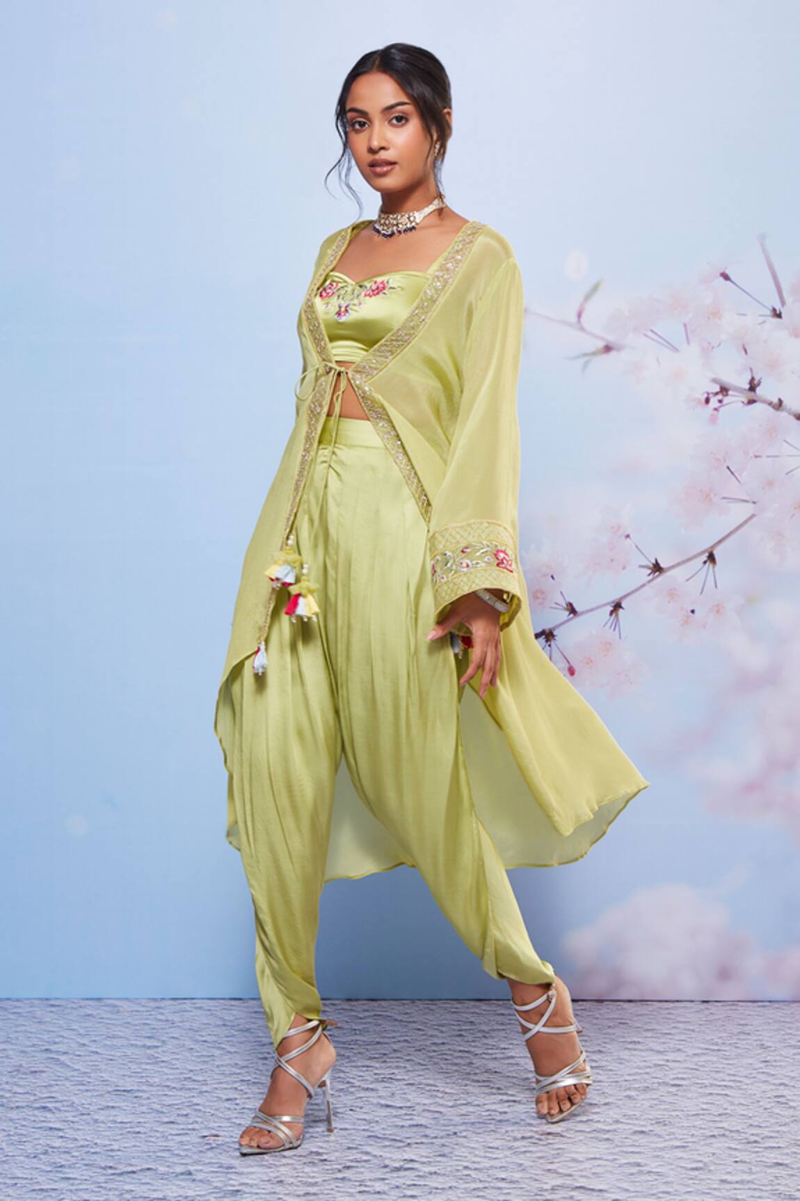 Yellow Crop Top Dhoti Suit With Handwork And Sleeveless Blush Pink Jac –  Akashi designer studio
