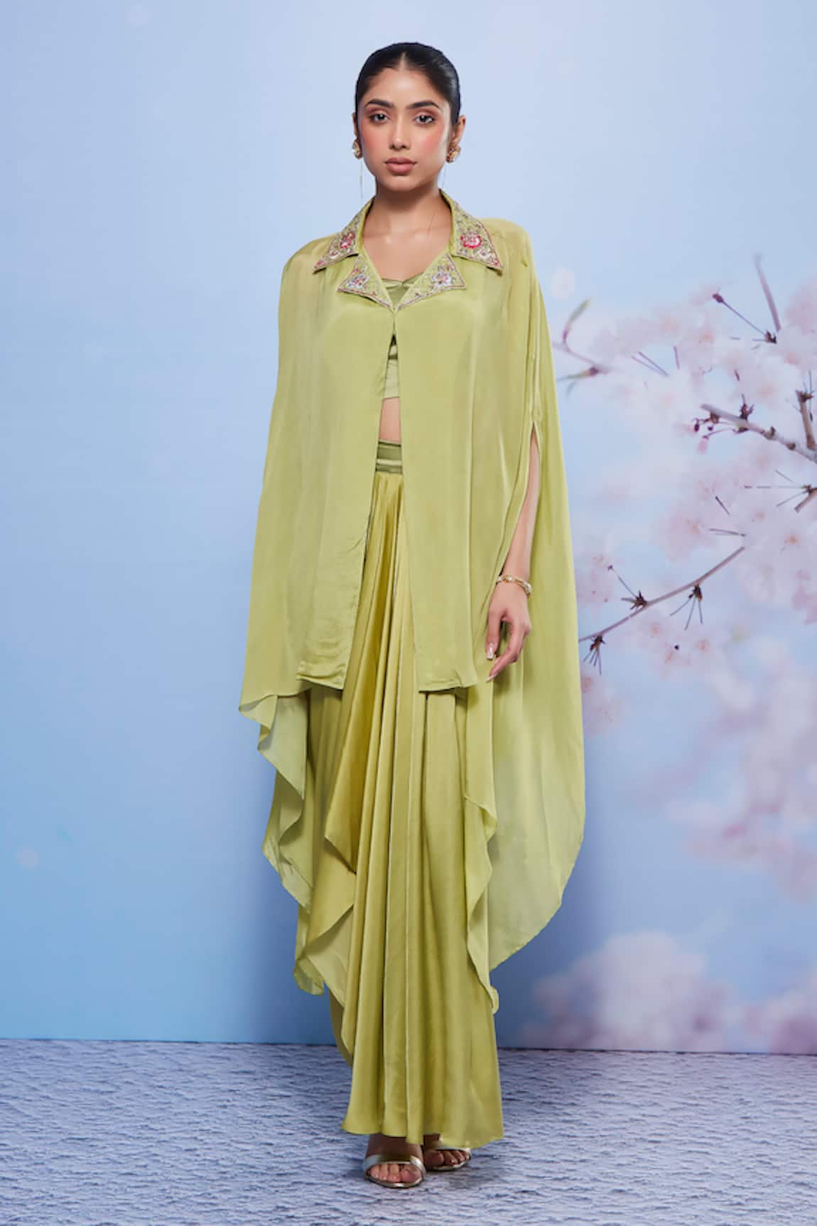 Ajiesh Oberoi Lapel Collared Cape & Draped Skirt Set