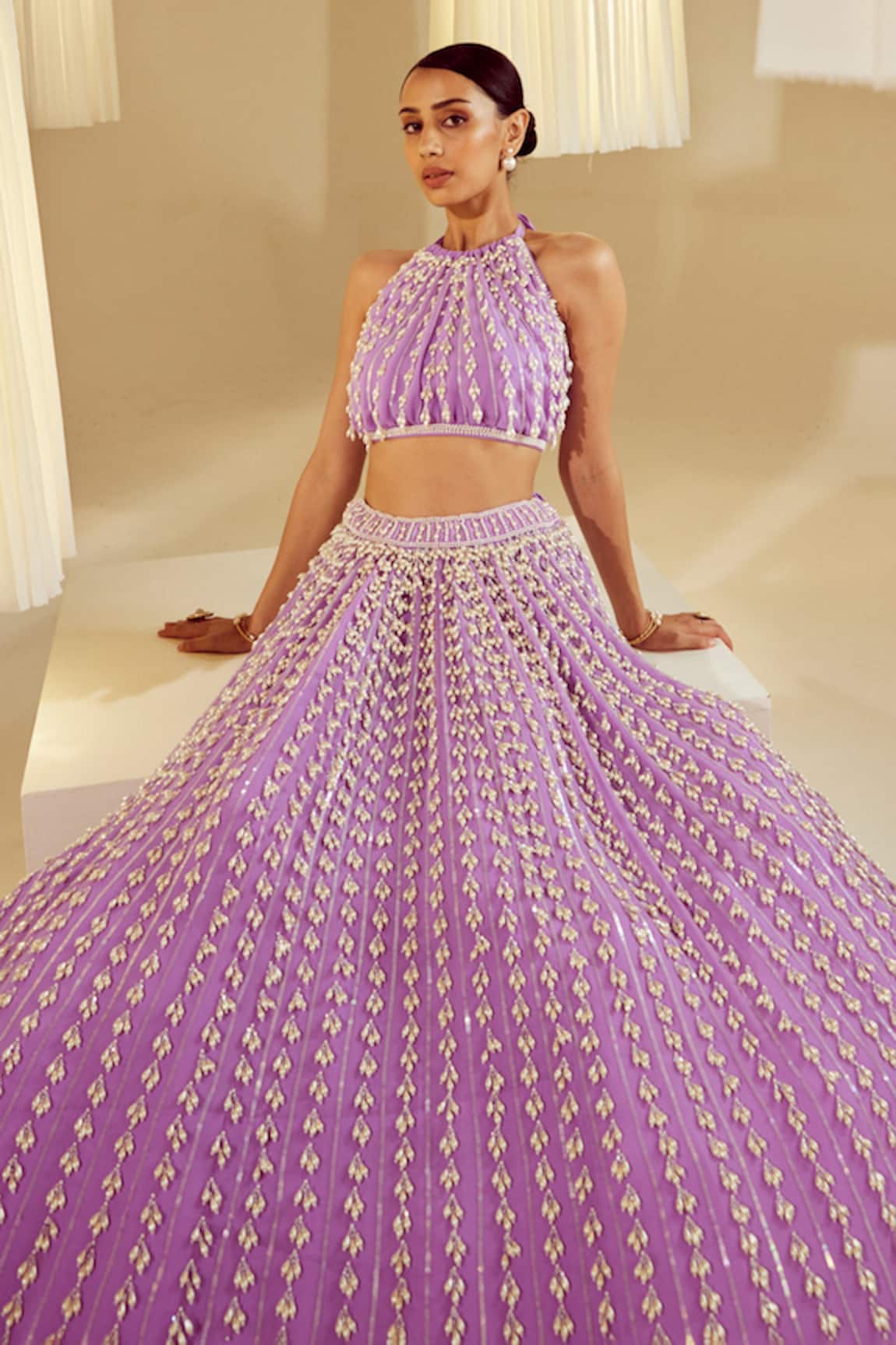 Vvani by Vani Vats Chandelier Pearl Embroidered Skirt & Top Set