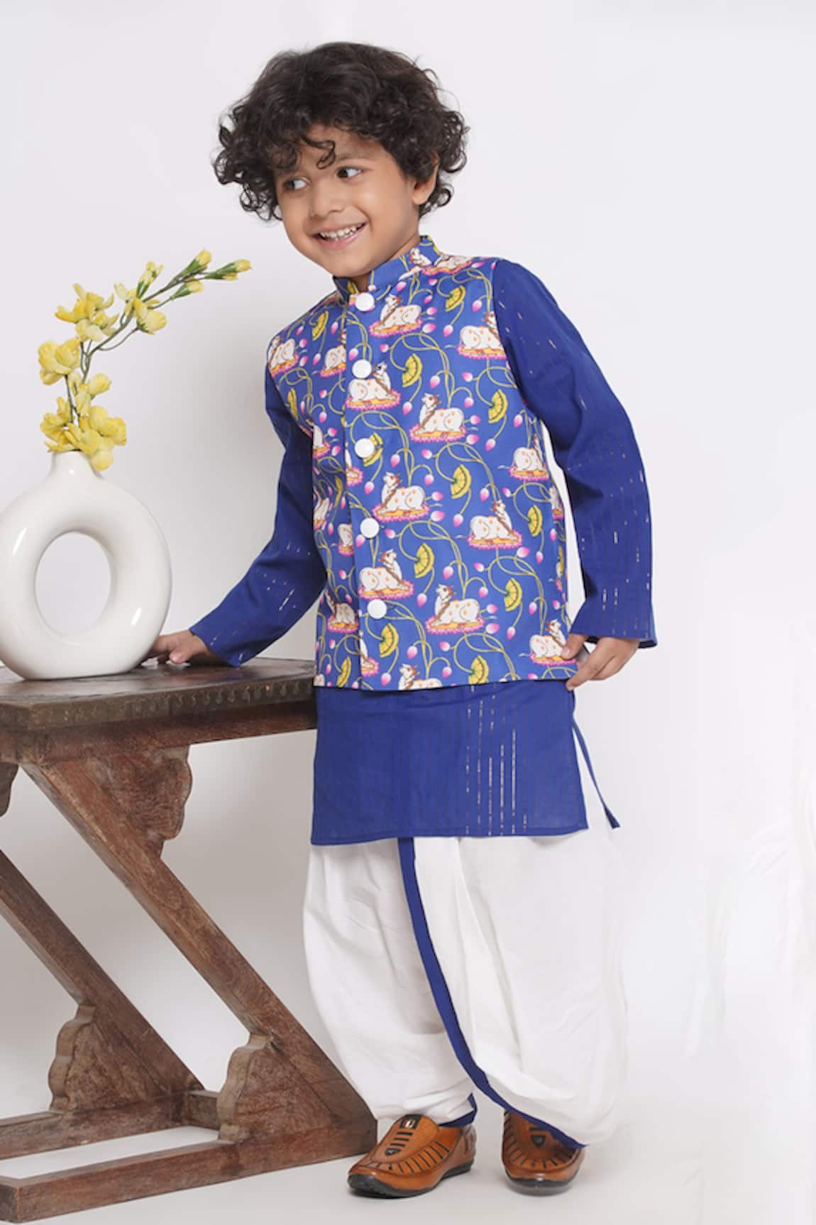 Little Bansi Cow Print Nehru Jacket With Kurta Set