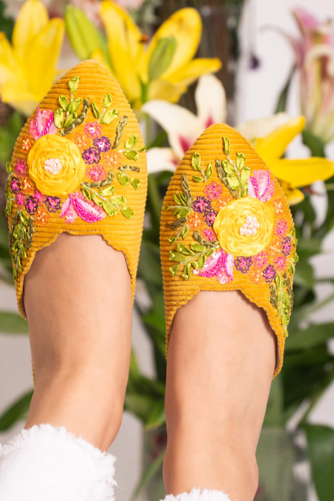 House of Vian Sunflower Embroidered Mules
