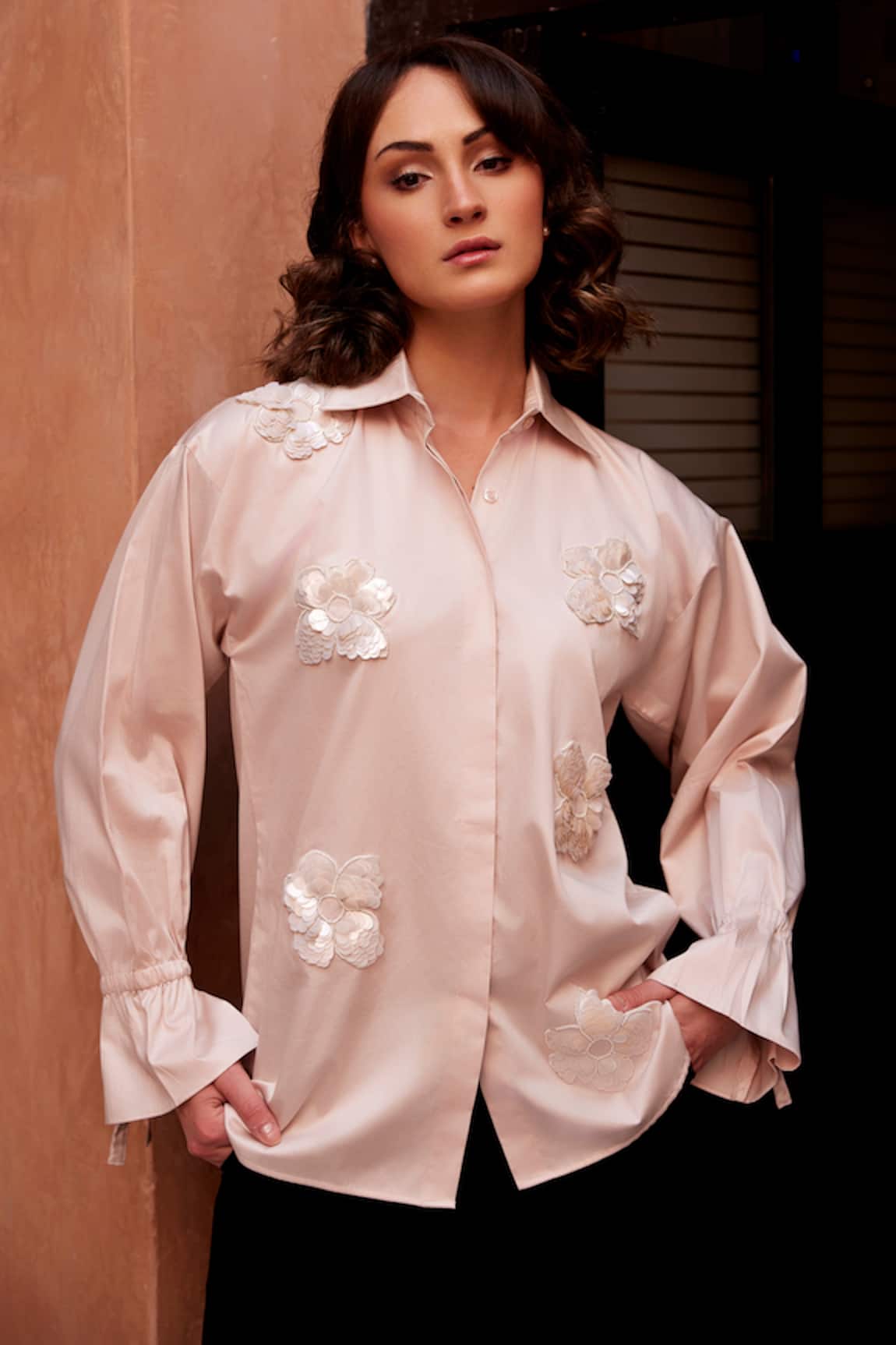 Palak Khandelwal Sequin & Pearl Floral Patch Shirt