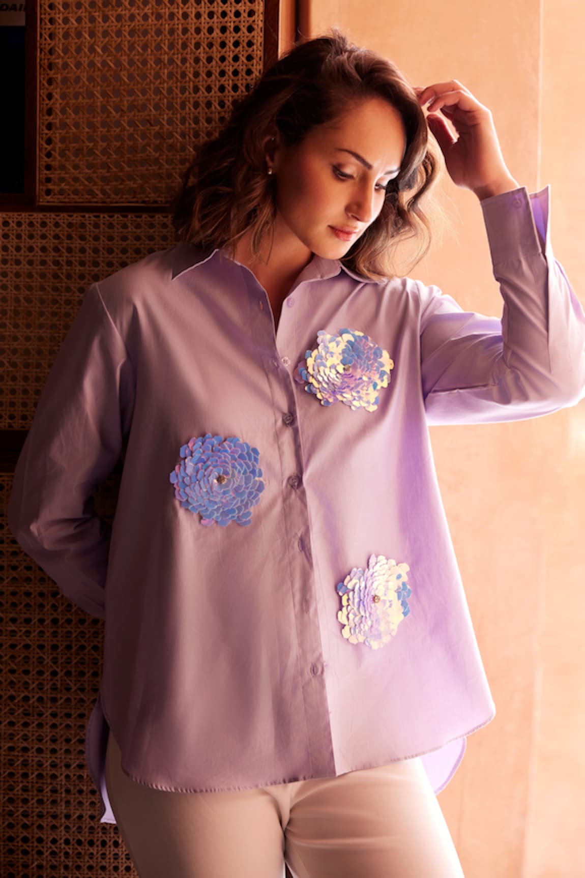 Palak Khandelwal Chrome Sequin Floral Embroidered Shirt