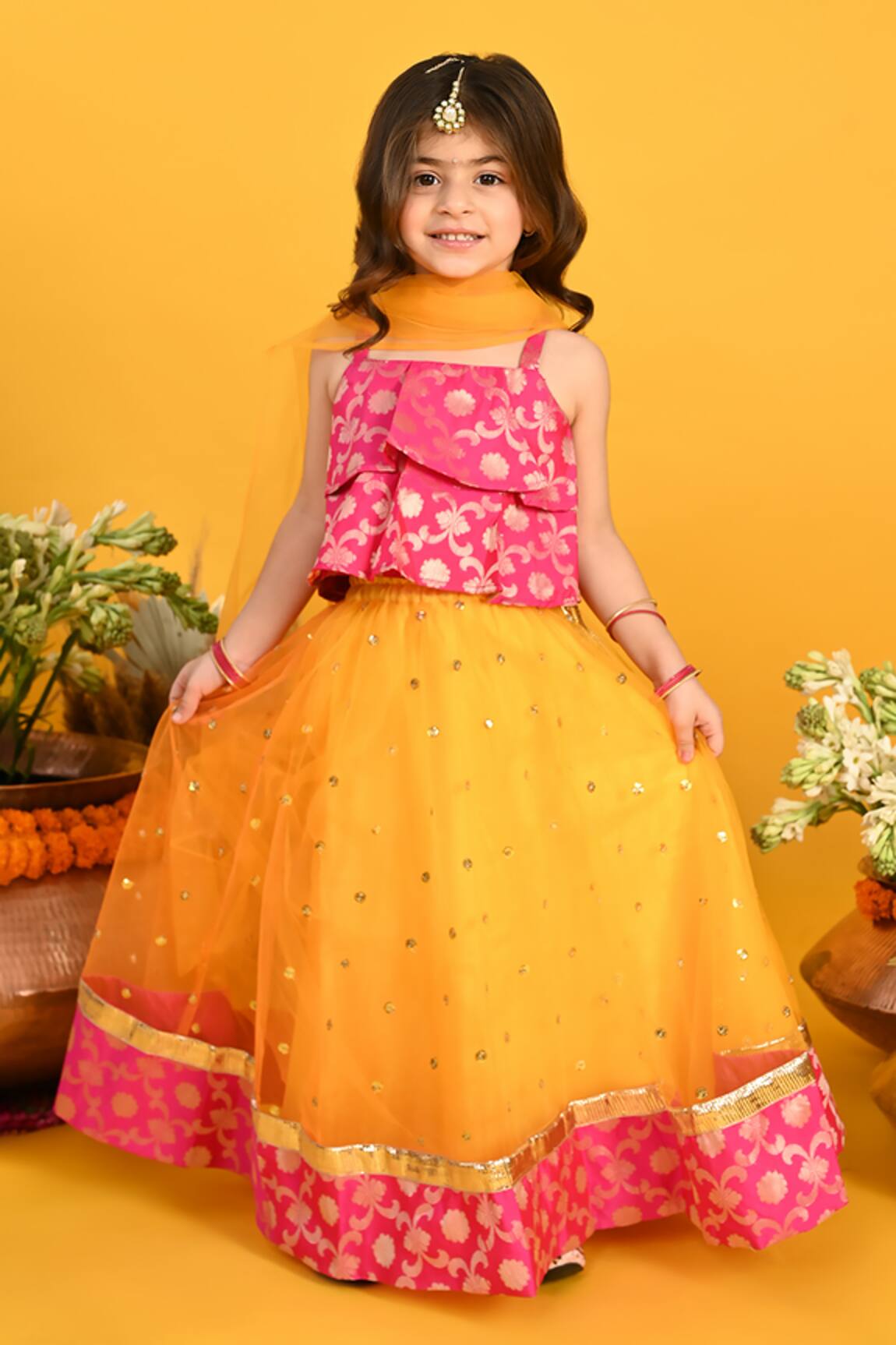 Saka Designs Floral Woven Blouse Lehenga Set