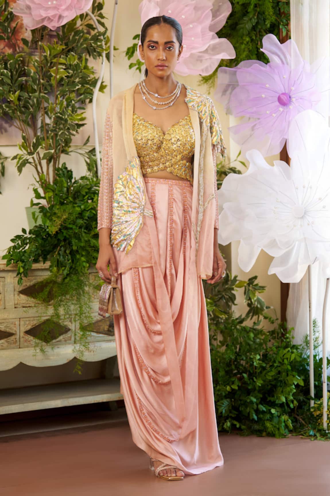 Moledro Amber Embroidered Cape Draped Skirt Set