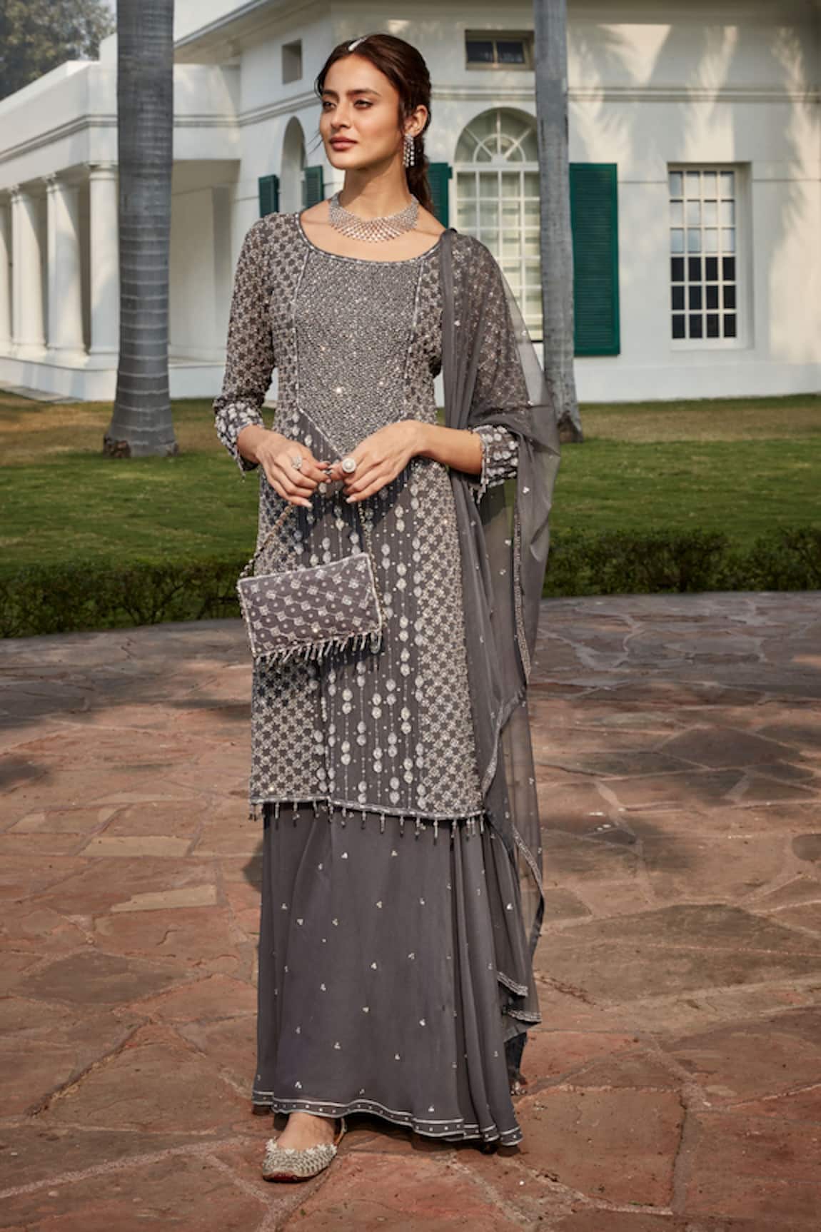 Amitabh Malhotra Crystal & Mirror Embellished Tunic & Sharara Set