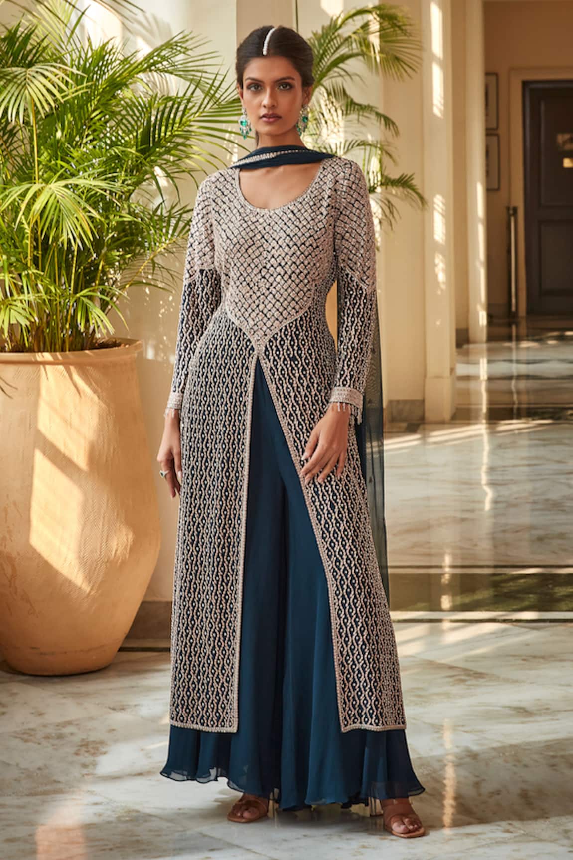 Amitabh Malhotra Floral Sequin Embroidered Tunic & Sharara Set