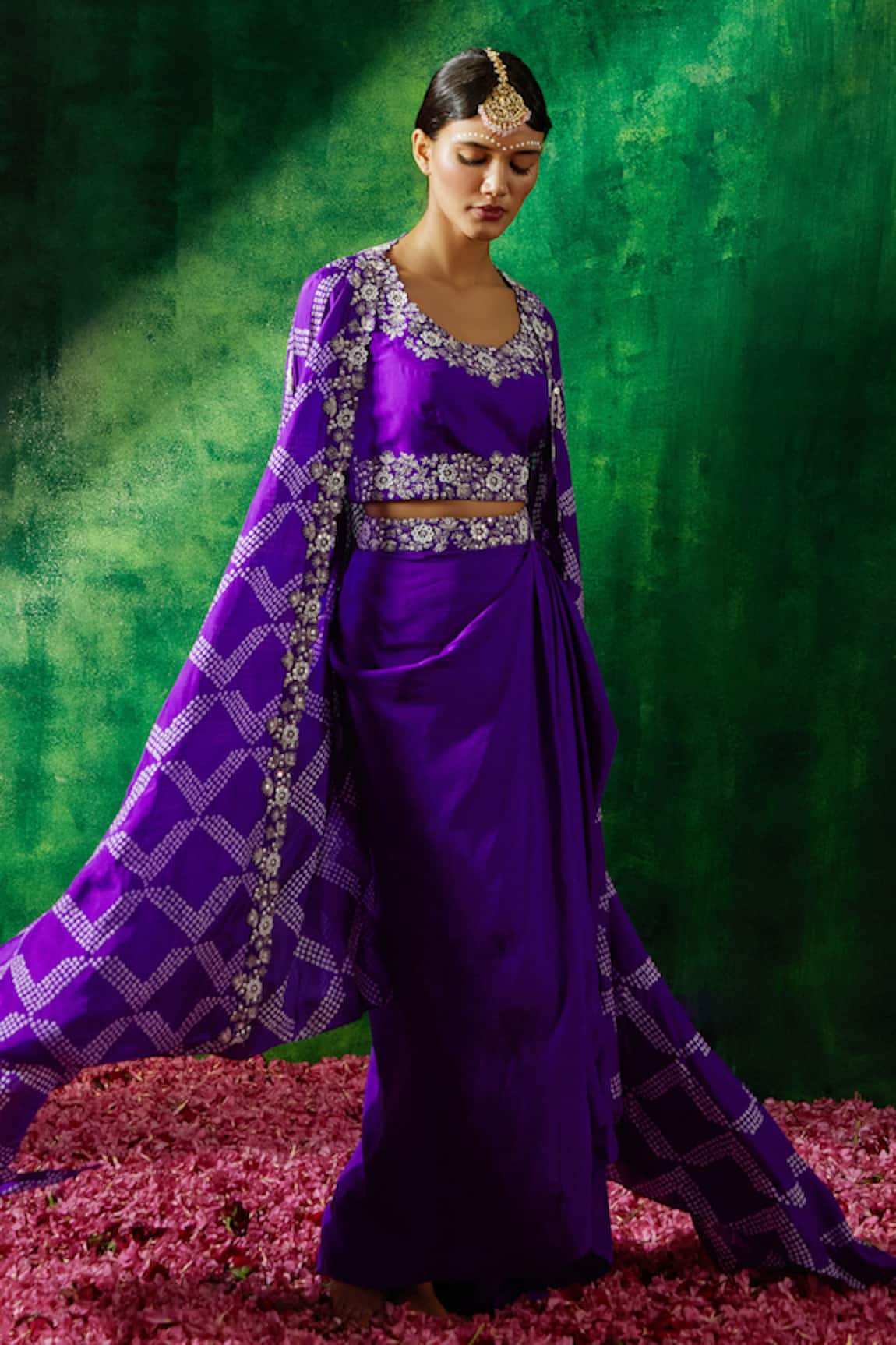 Pink City By Sarika Bandhani Pattern Cape Draped Skirt Set