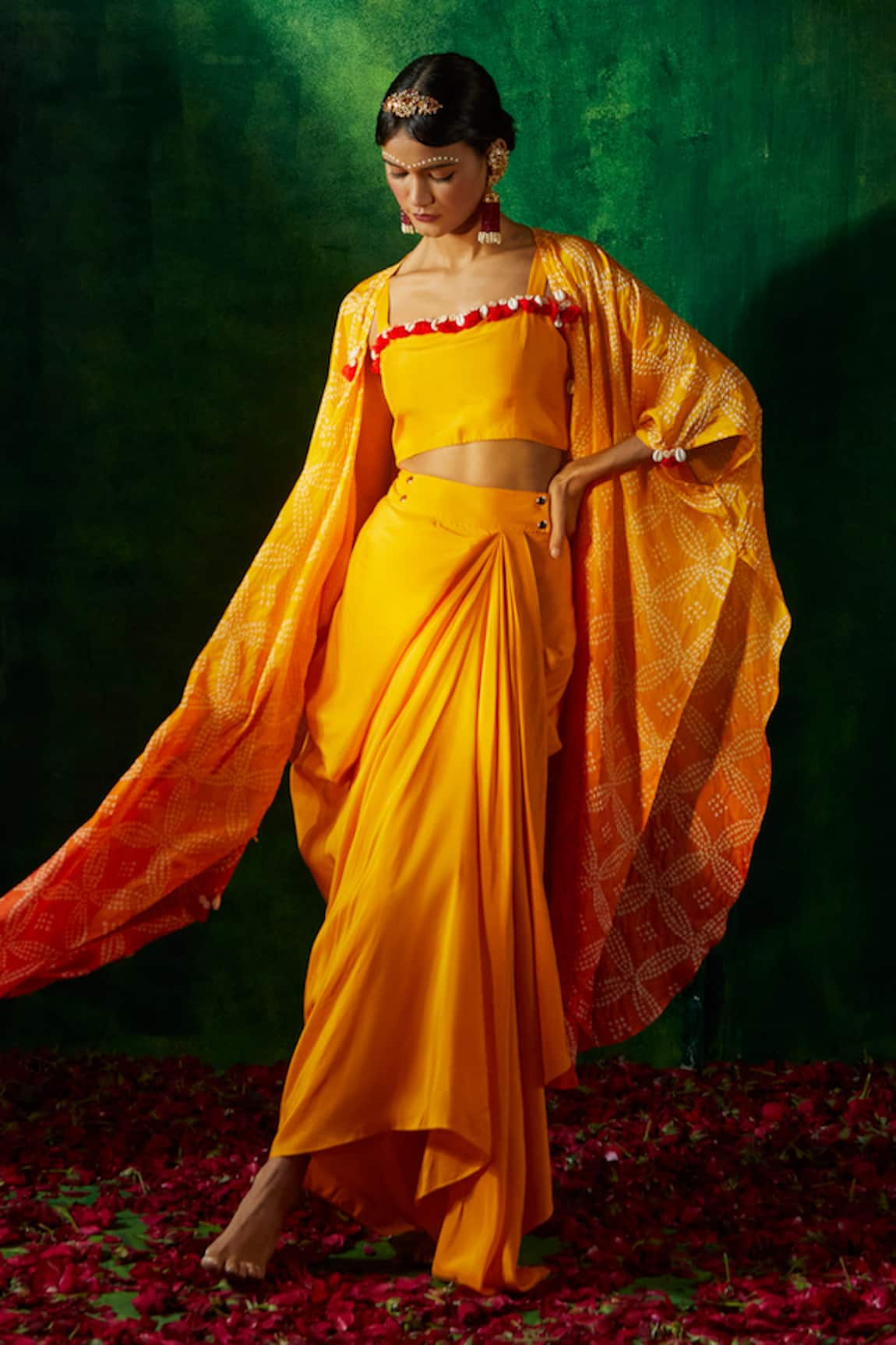 Pink City By Sarika Bandhani Cape Draped Skirt Set 