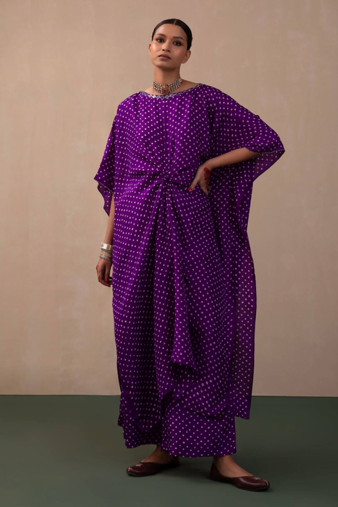 Pink City by Sarika Bandhani Print Kaftan & Pant Set 