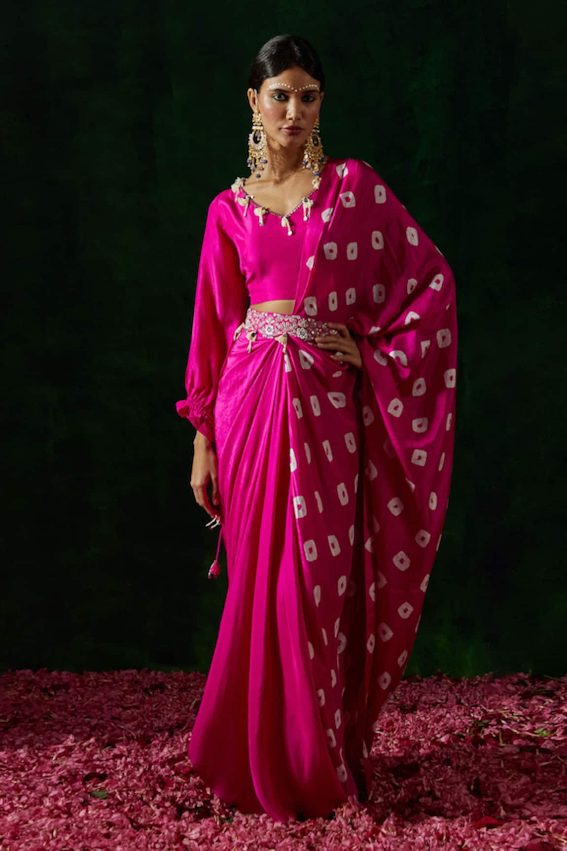 Pink City By Sarika Shibori Print Pre-Draped Saree Set 