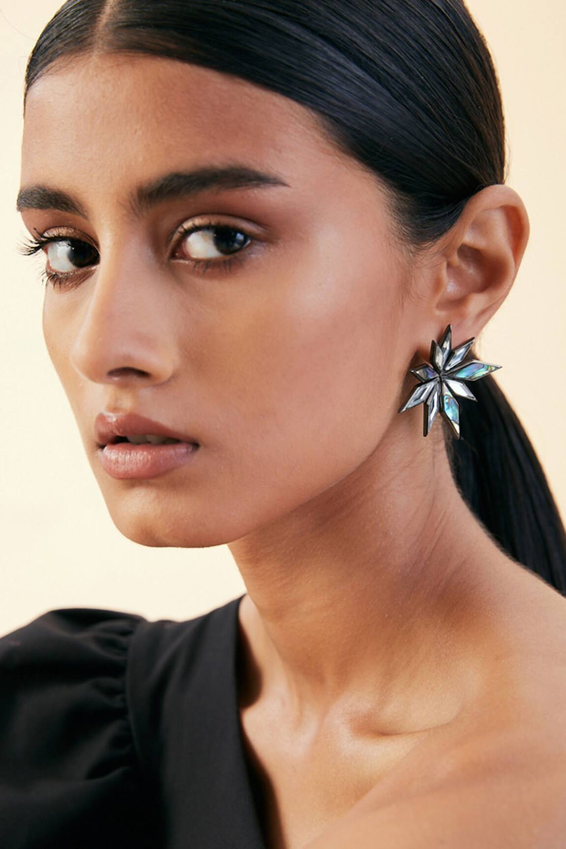 Isharya Demi Goddess Abstract Mirror & Abalone Flower Earrings