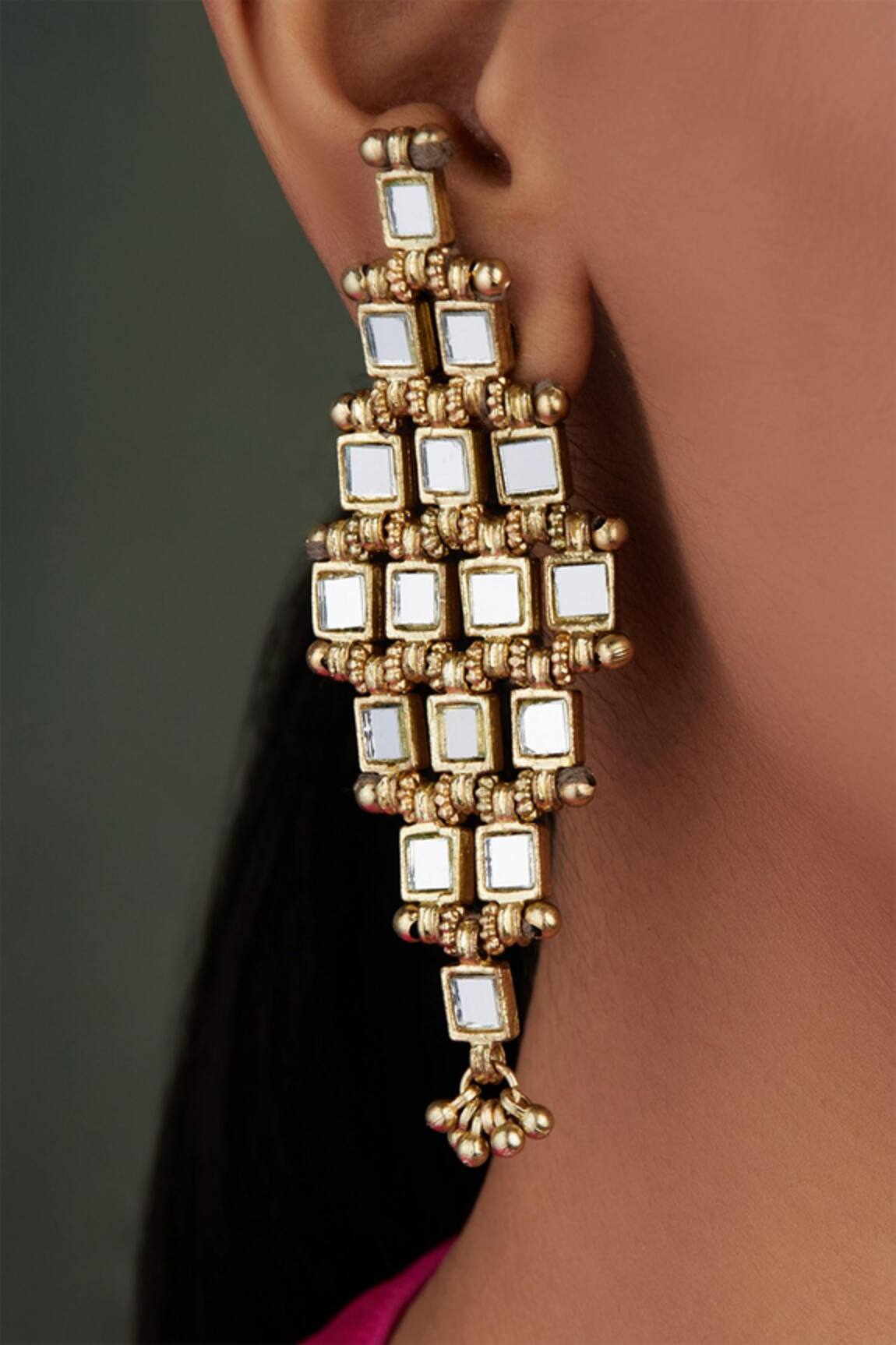 House Of Tuhina Mirror Studded Barfi Earrings 