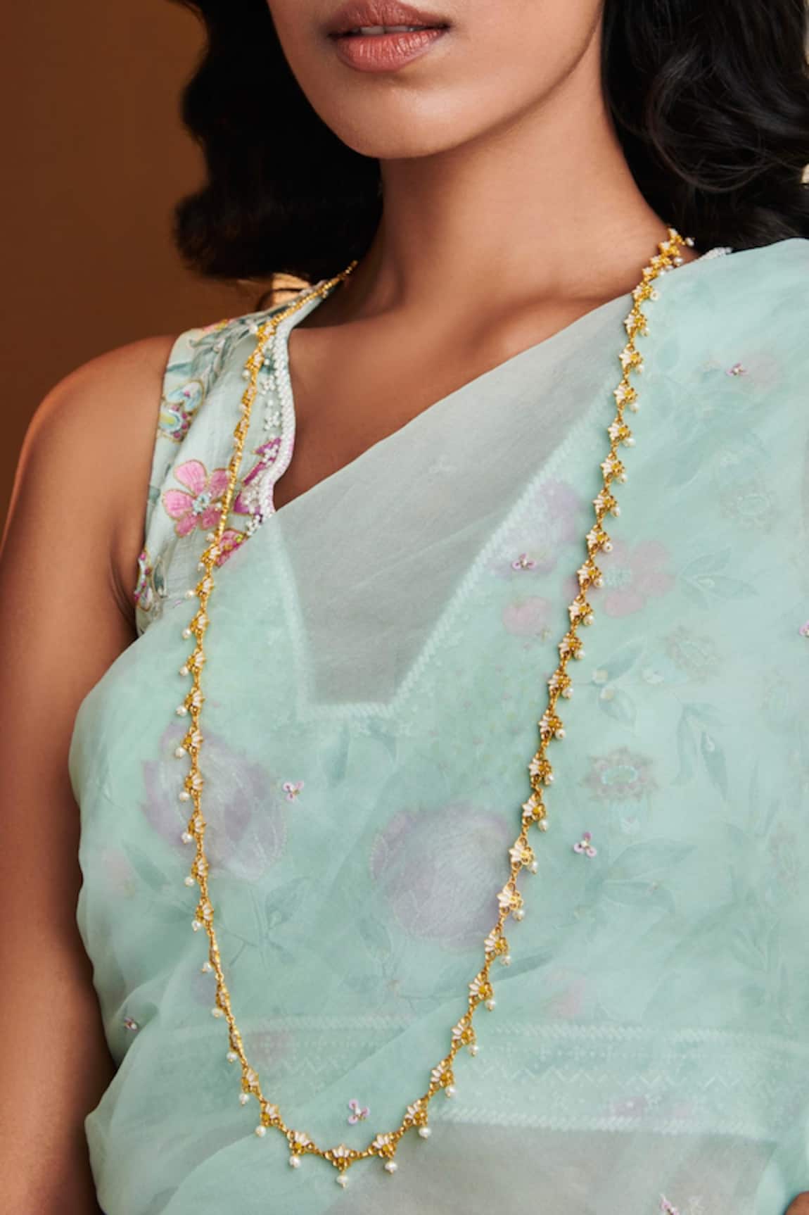 Zariin Enamelled Threads Of Lotus Motif Long Necklace