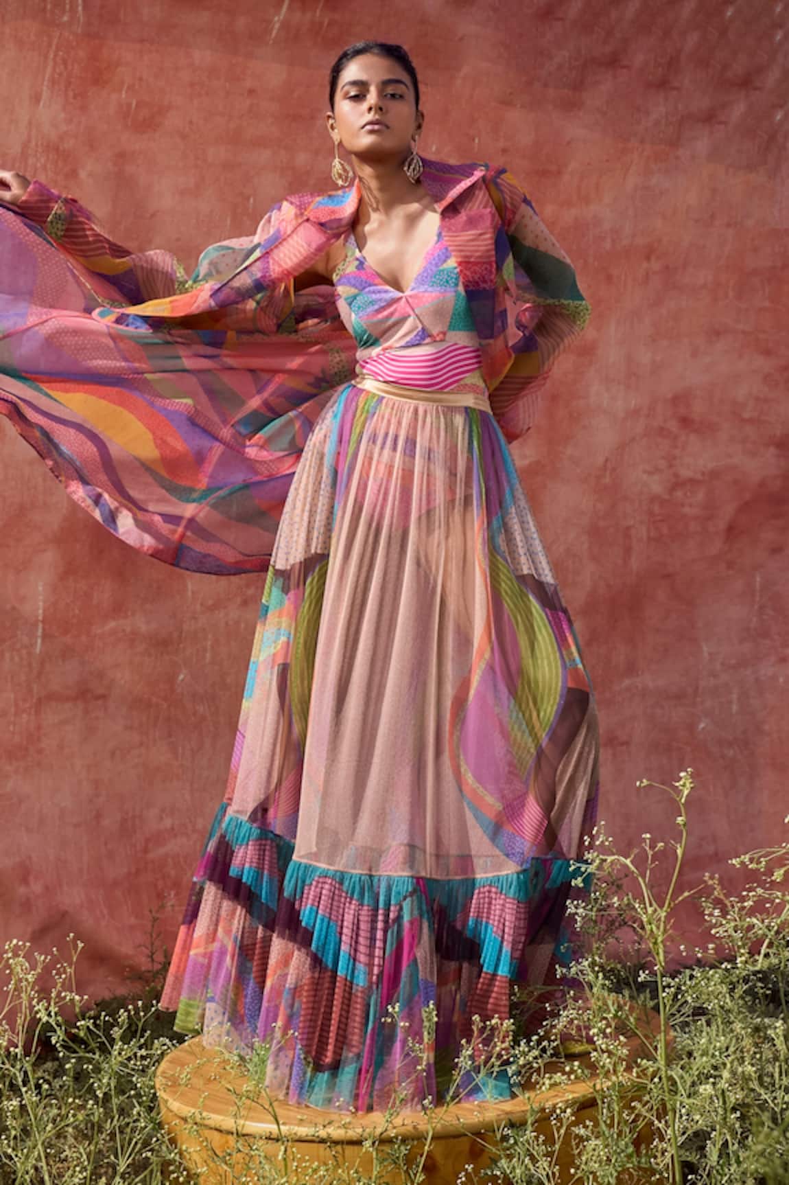 Buy Pankaj & Nidhi Multi Color Jersey Quilted Graphic Print Skirt