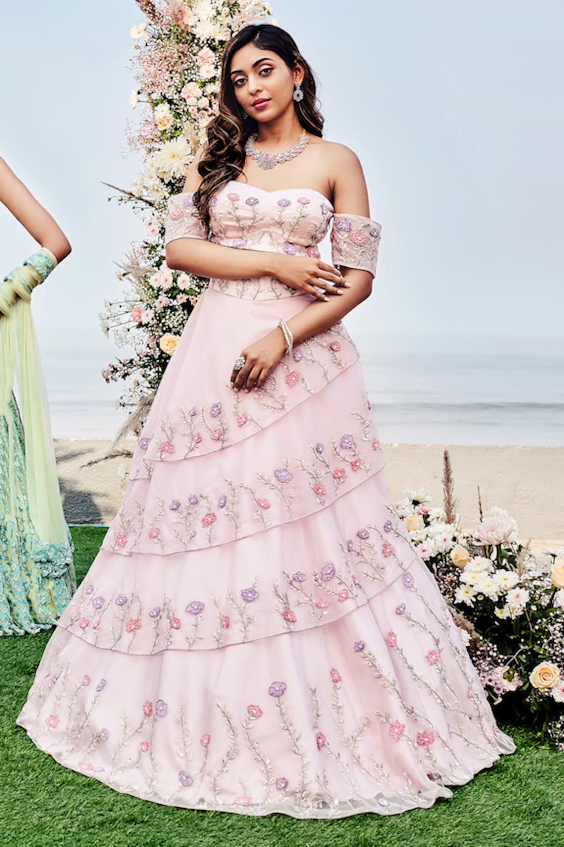 Sanjana Thakur Floral Off Shoulder Layered Gown