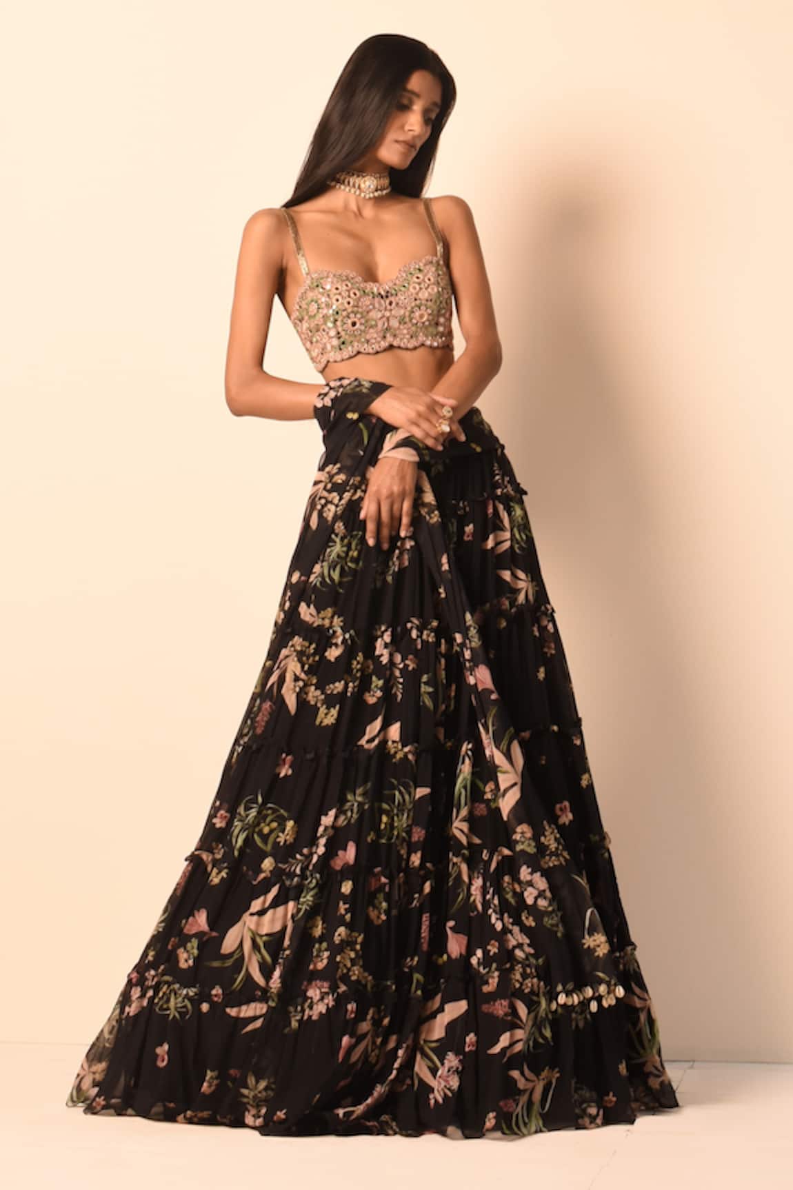Arpita Mehta Floral Print Tiered Skirt Blouse Set