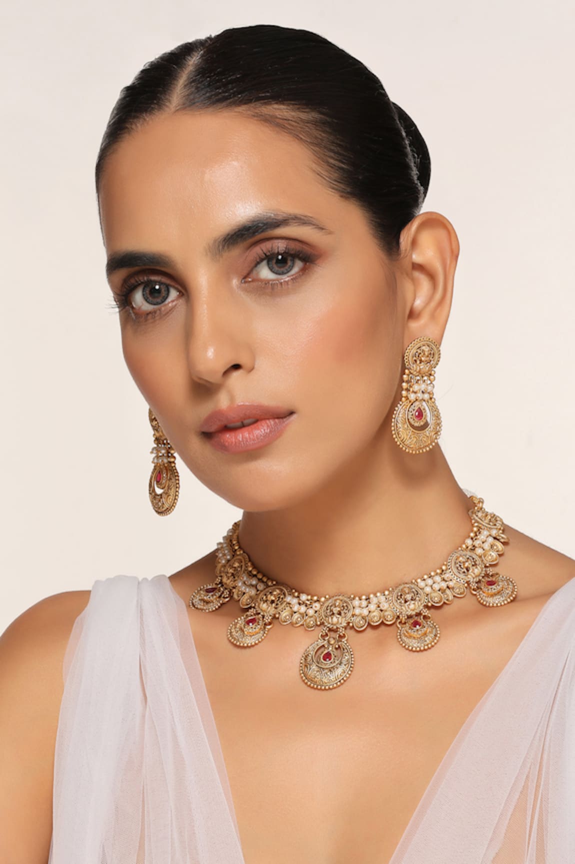 SWABHIMANN Crescent Moon & Stone Embellished Necklace Set