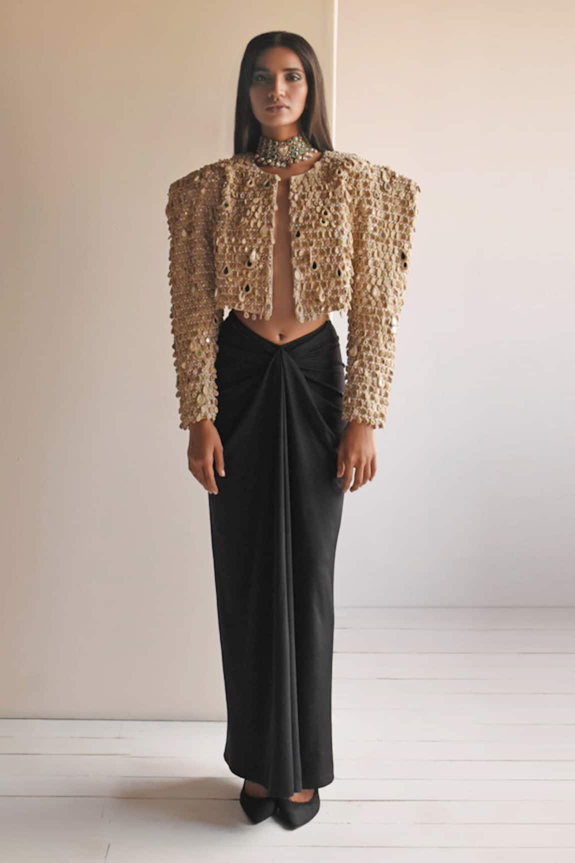 Arpita Mehta Mirrorwork Fringe Embellished Jacket With Skirt