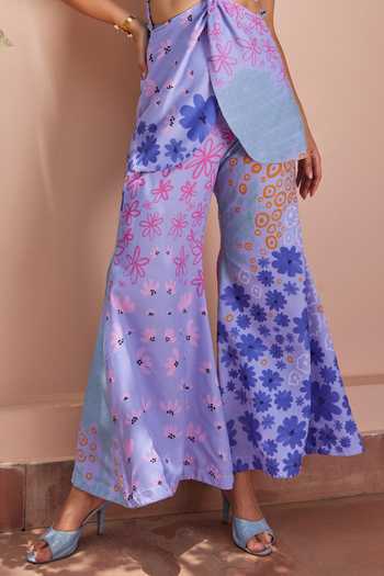 Buy Purple Cotton Collared Iris Floral Print Top With Pant For