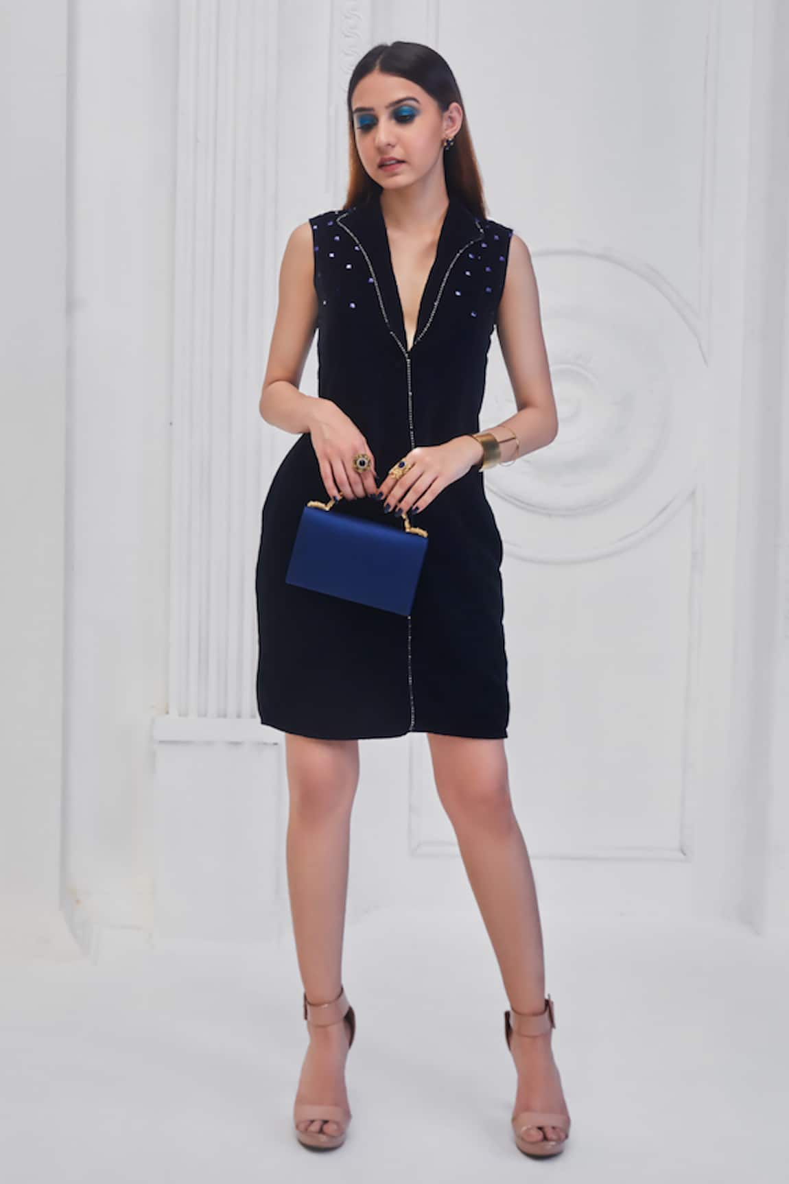 Monk & Mei By Sonia Anand Placement Monochrome Embroidered Dress 