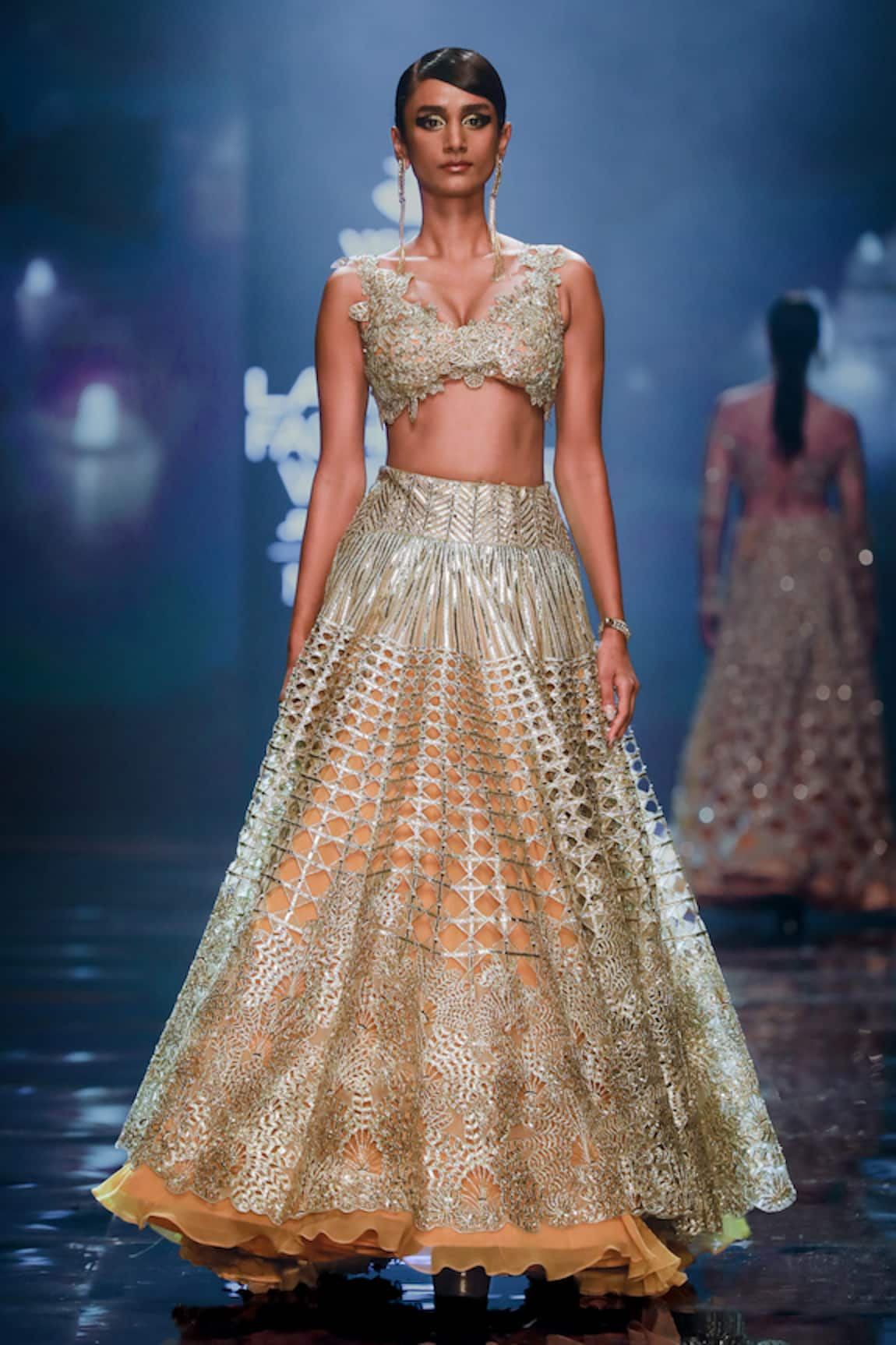 VARUN NIDHIKA Metallic Palm-Bunai Embroidered Lehenga Set