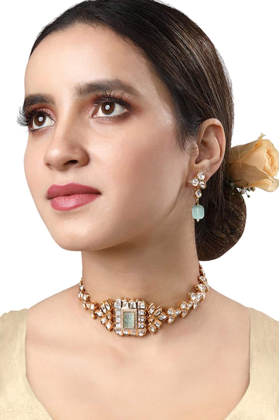 Hrisha Jewels Carved Onyx & Kundan Polki Embellished Necklace Set