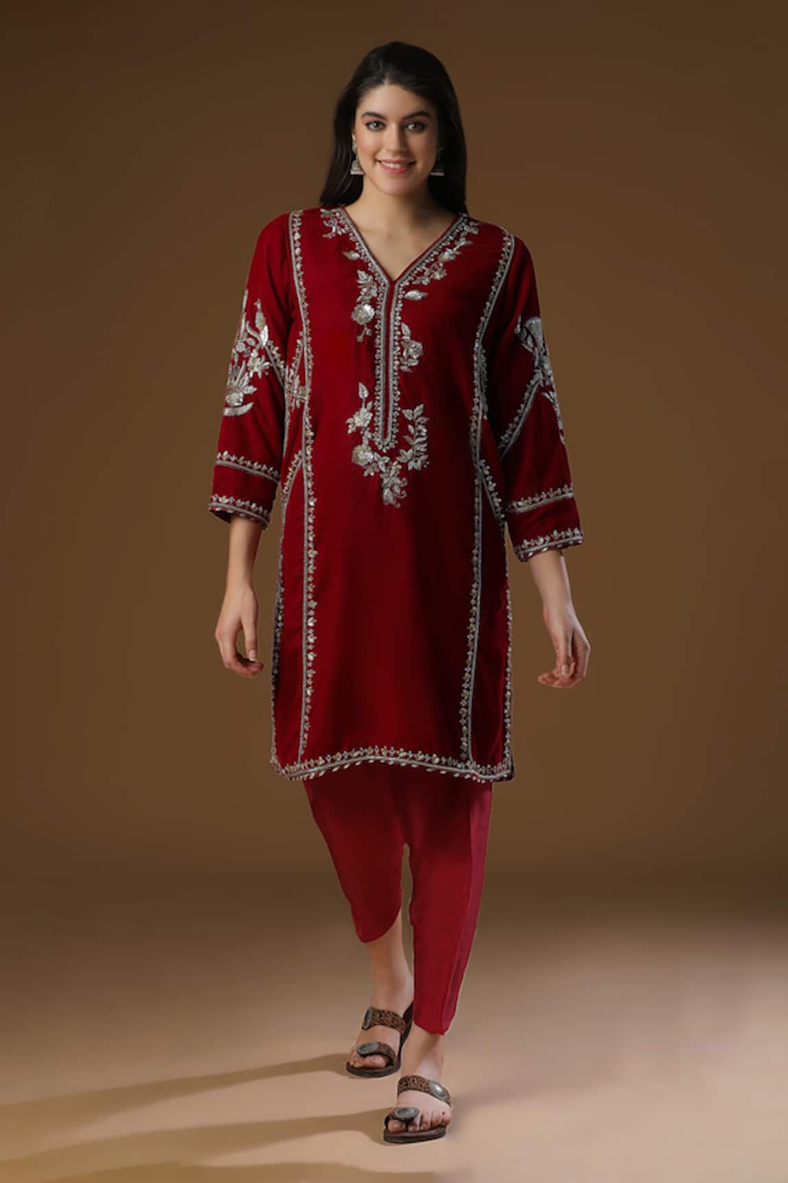 AHLAM Velvet Embroidered Kurta & Silk Salwar Set