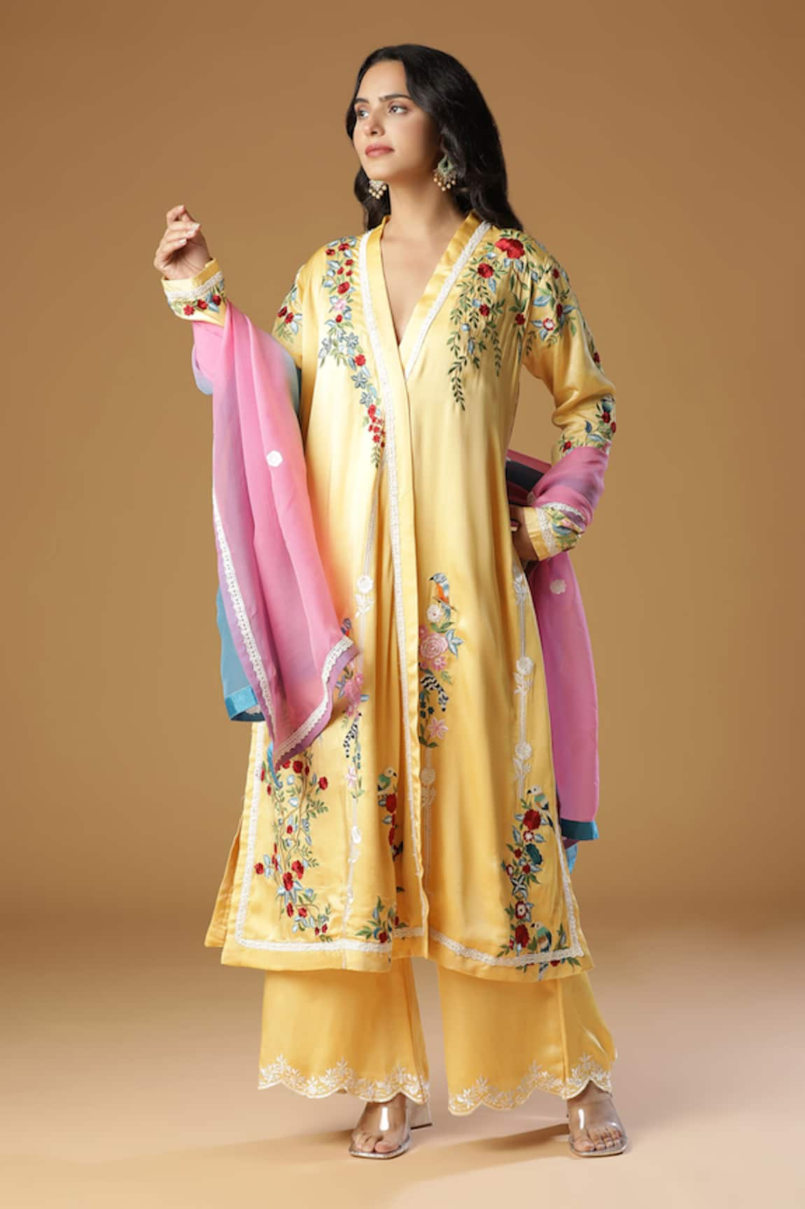 AHLAM Resham Floral Embroidered Kurta Palazzo Set