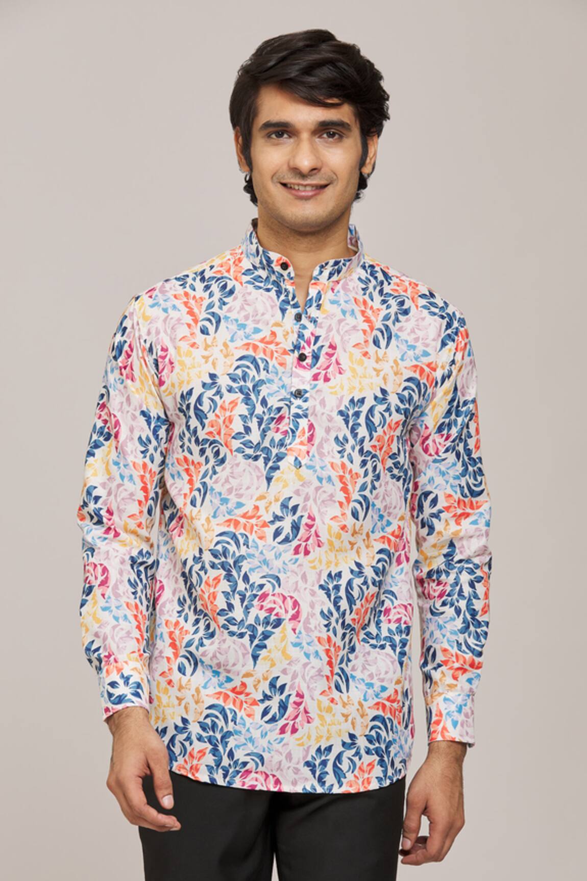 Arihant Rai Sinha Leaf Print Mandarin Collar Shirt 