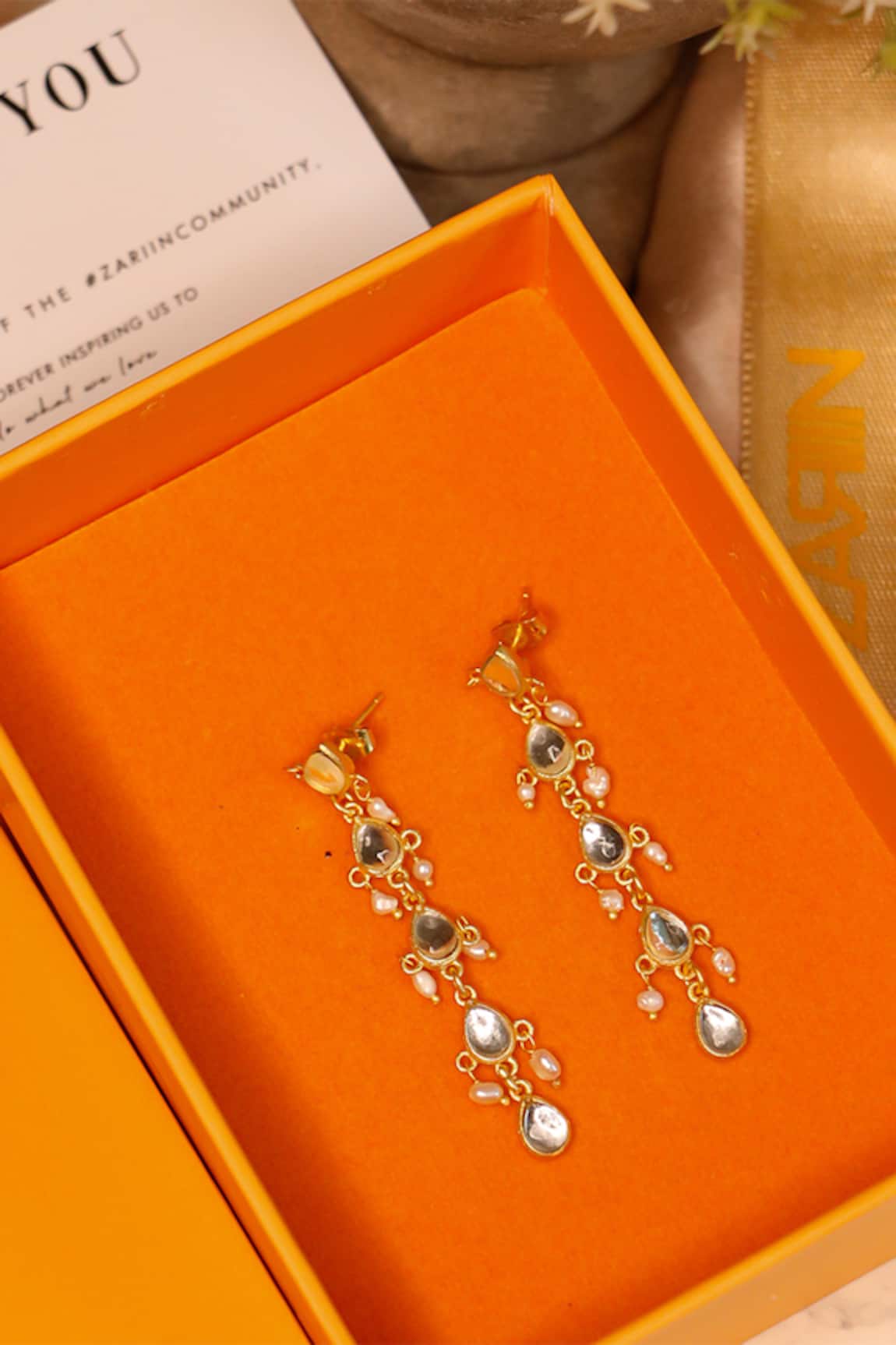 Zariin Divine Mirror Polki Embellished Drops Earrings 