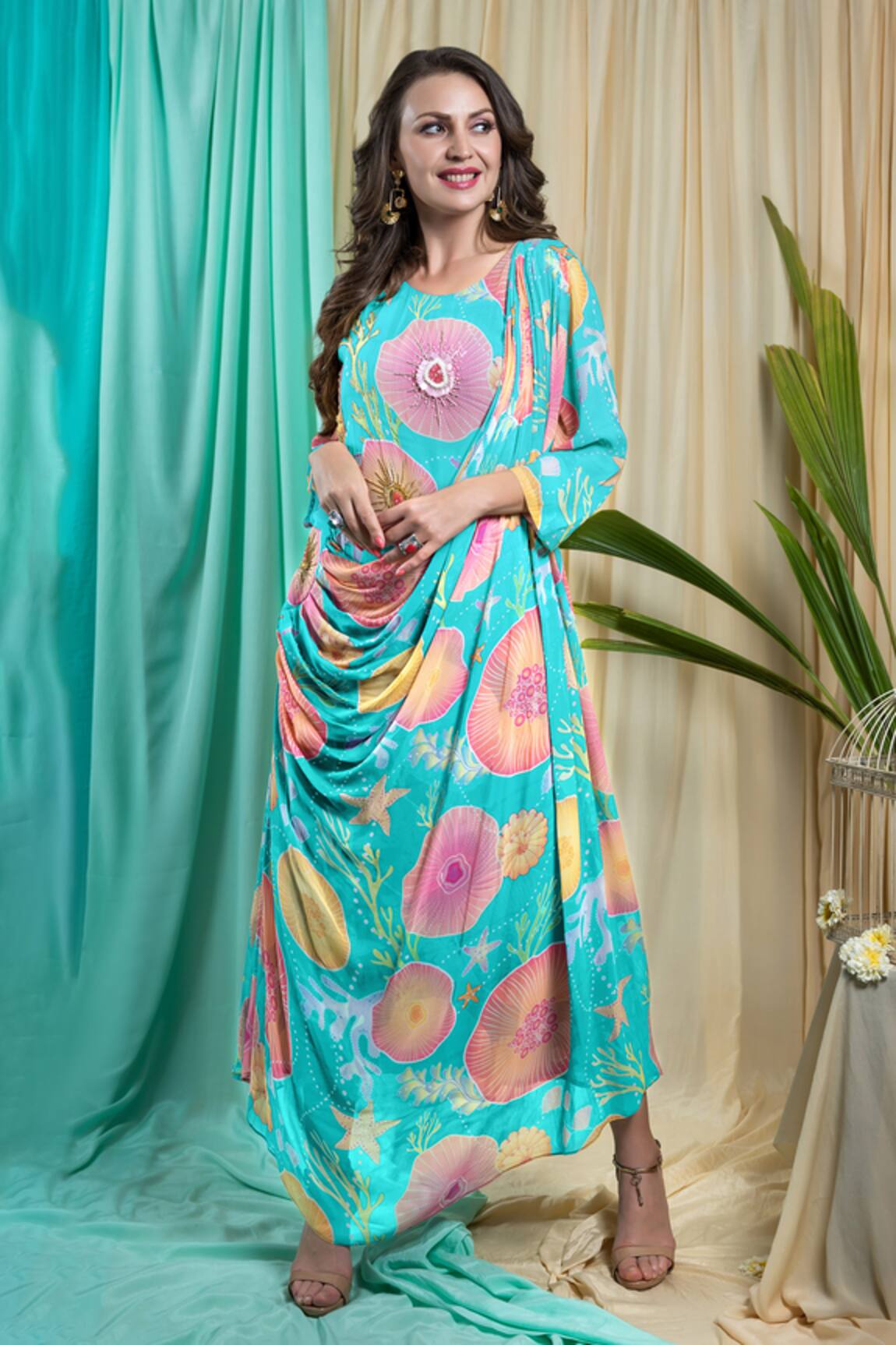 Seams Pret And Couture Ezra Cowl Drape Bloom Print Dress