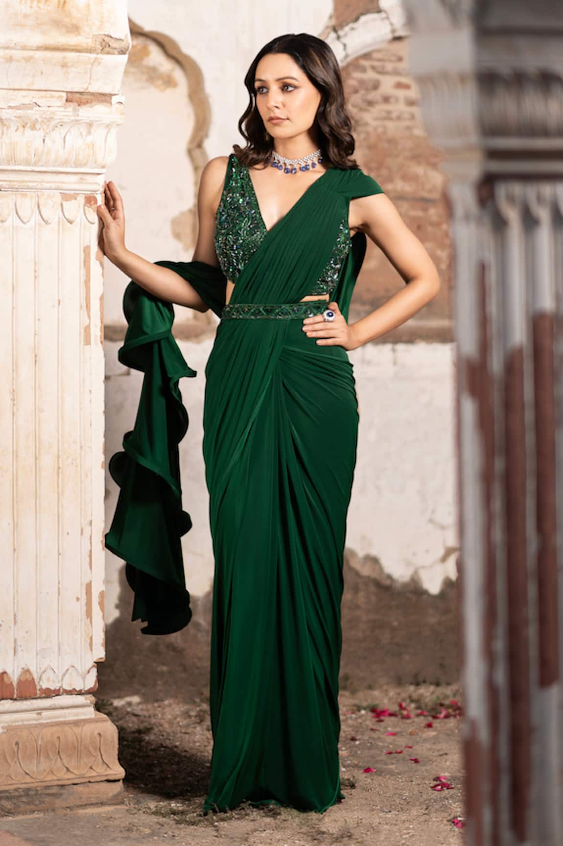 Seeaash Ruffle Pre-Draped Saree With Embroidered Blouse