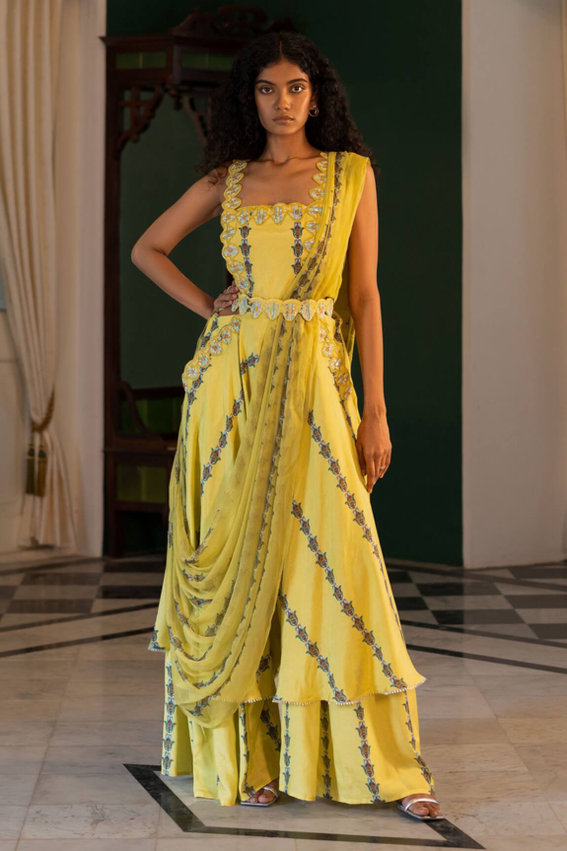 17:17 By Simmi Saboo Marlin Hamsa Pattern Suspender Saree With Tube Top