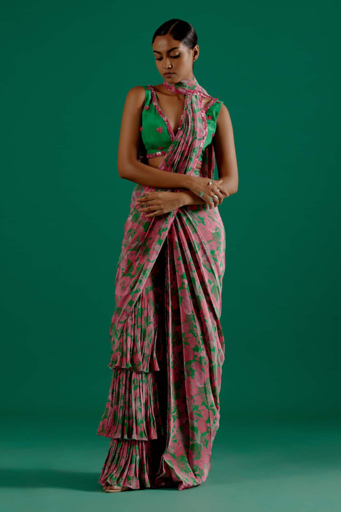 Sitaraa Jhanvi Pre-Draped Floral Print Pant Saree With Blouse