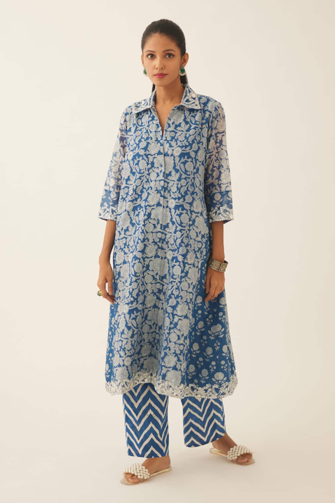 Kora Silk Chanderi Hand Block Printed Kurta & Pant Set