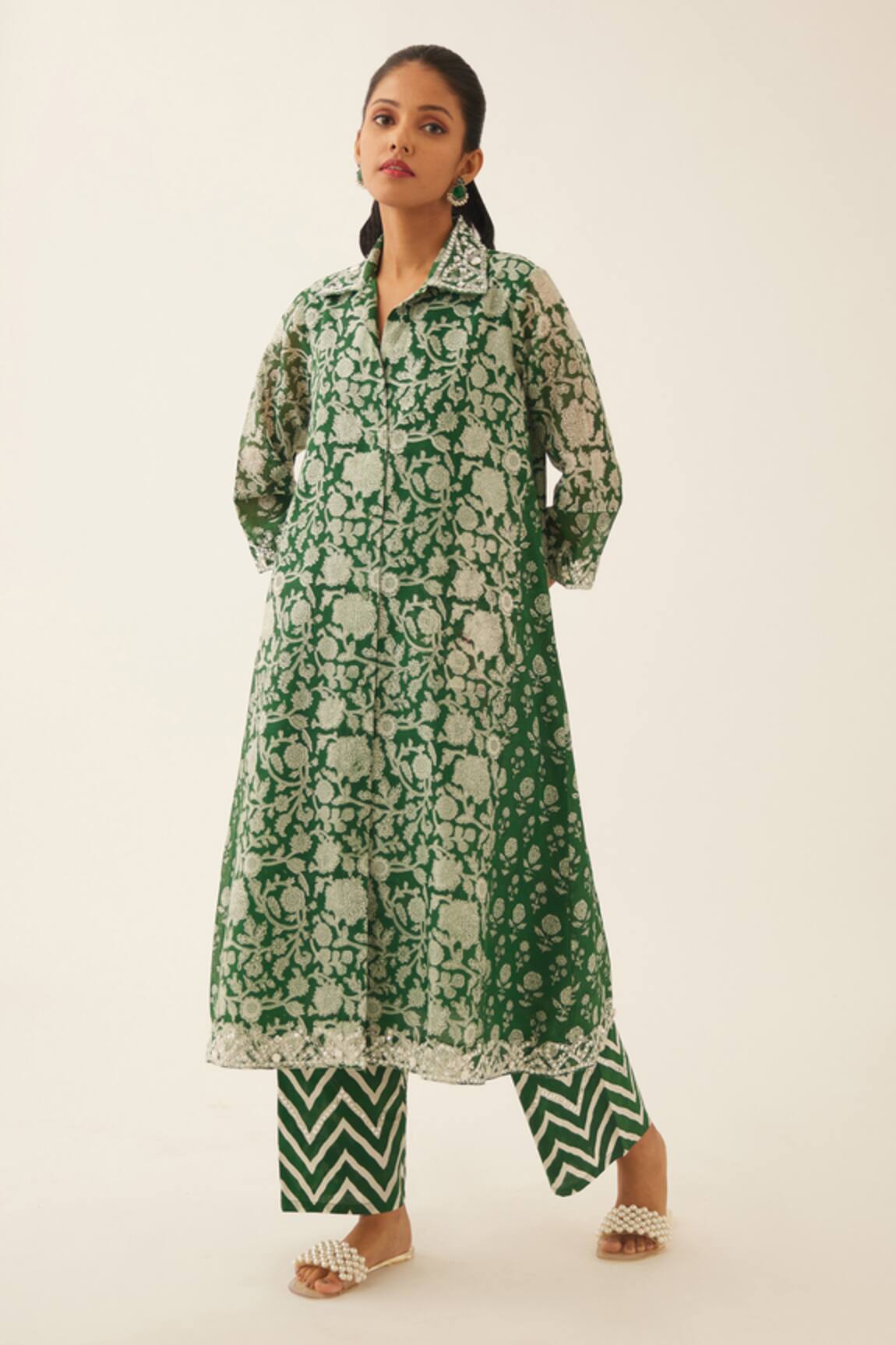 Kora Silk Chanderi Flower Print Kurta & Pant Set