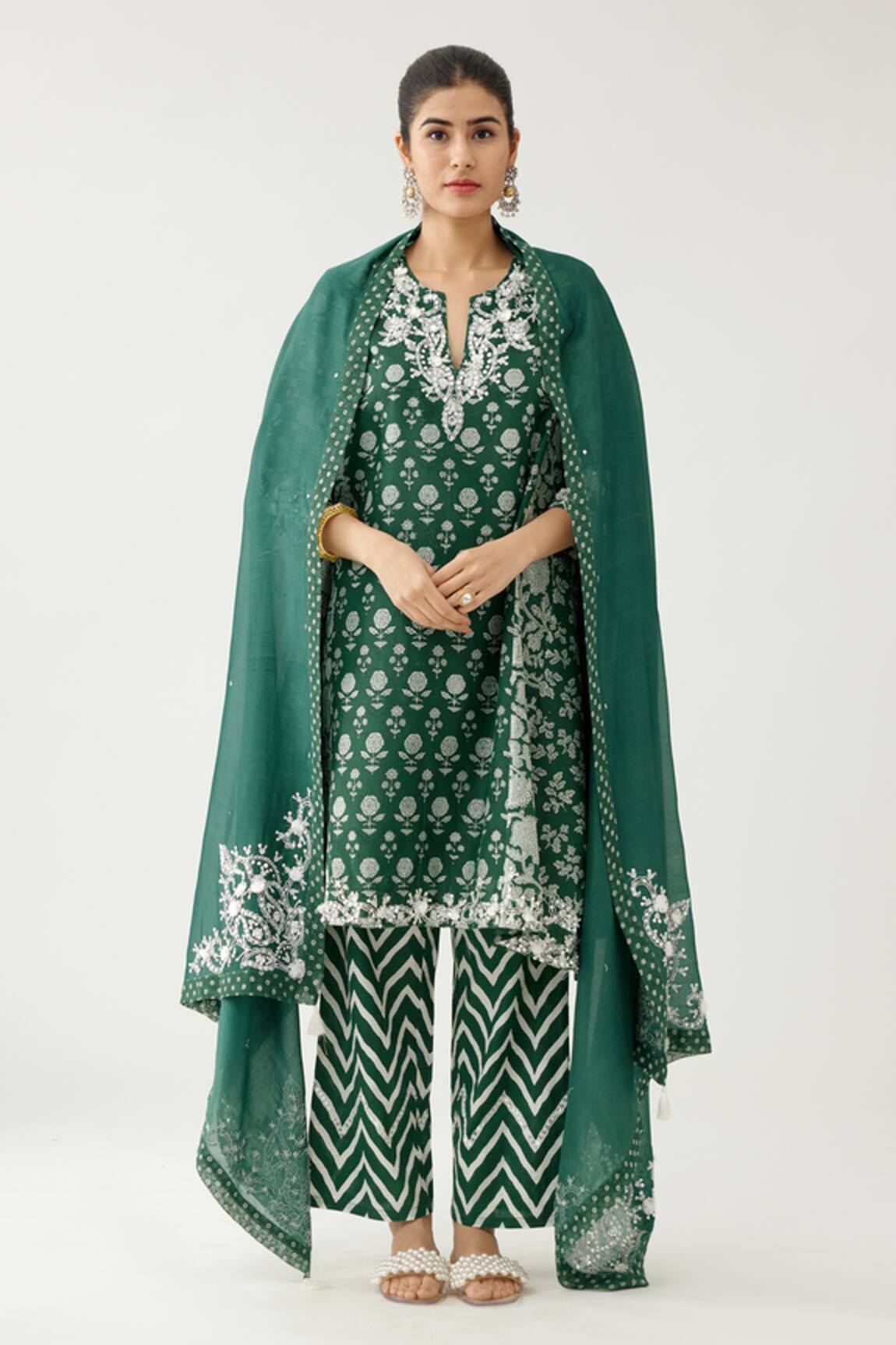 Kora Silk Chanderi Hand Block Printed Kurta Set