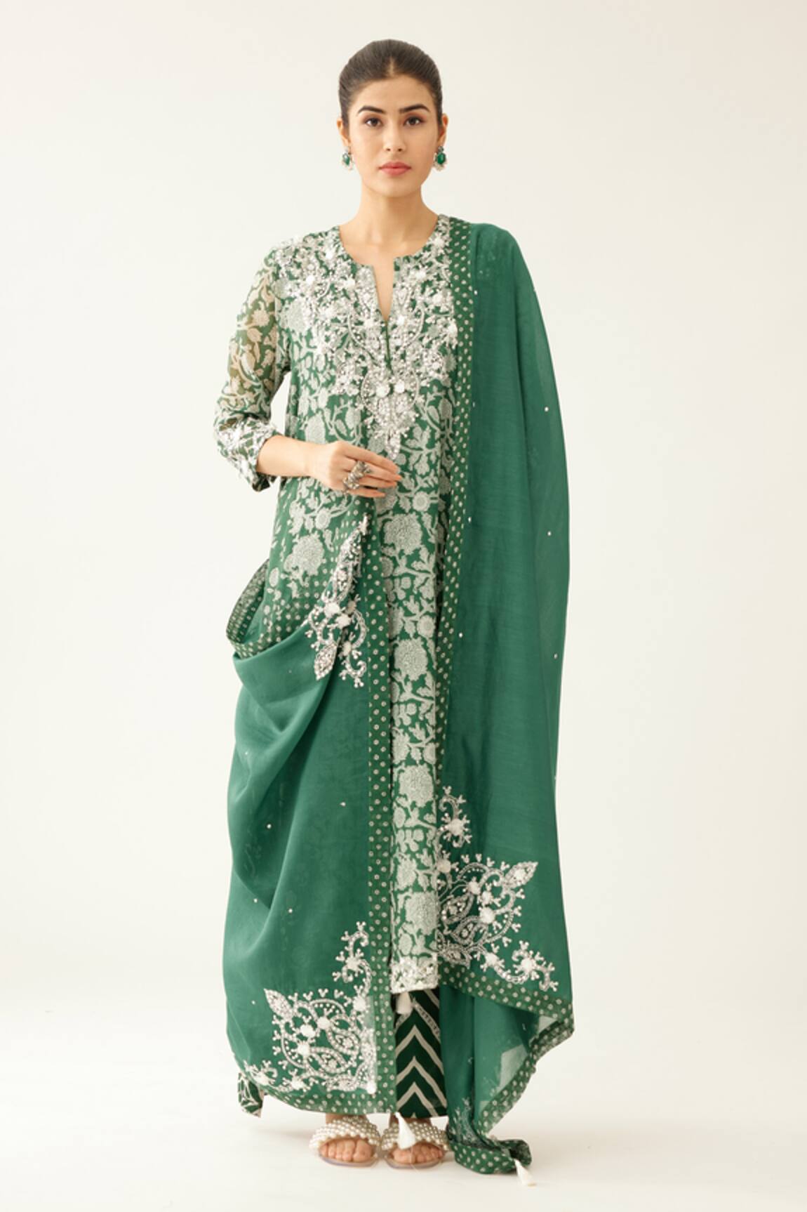 Kora Asymmetric Kalidar Kurta Set With Dupatta