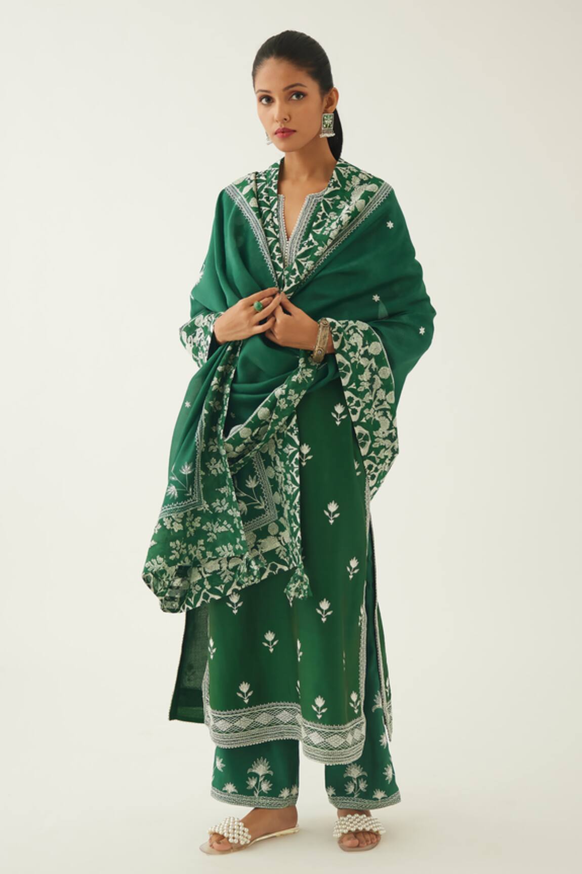 Kora Silk Chanderi Floral Embroidered Kurta Set