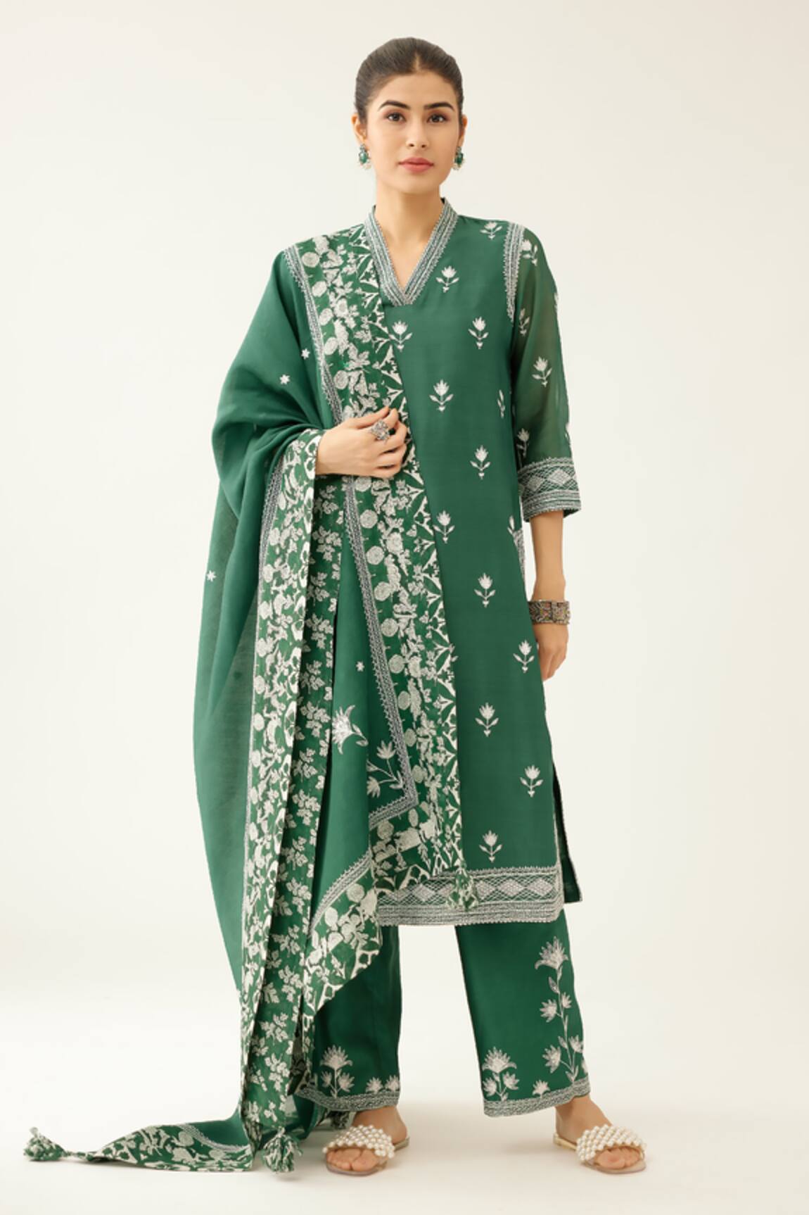 Kora Silk Chanderi Florette Embroidered Kurta Set